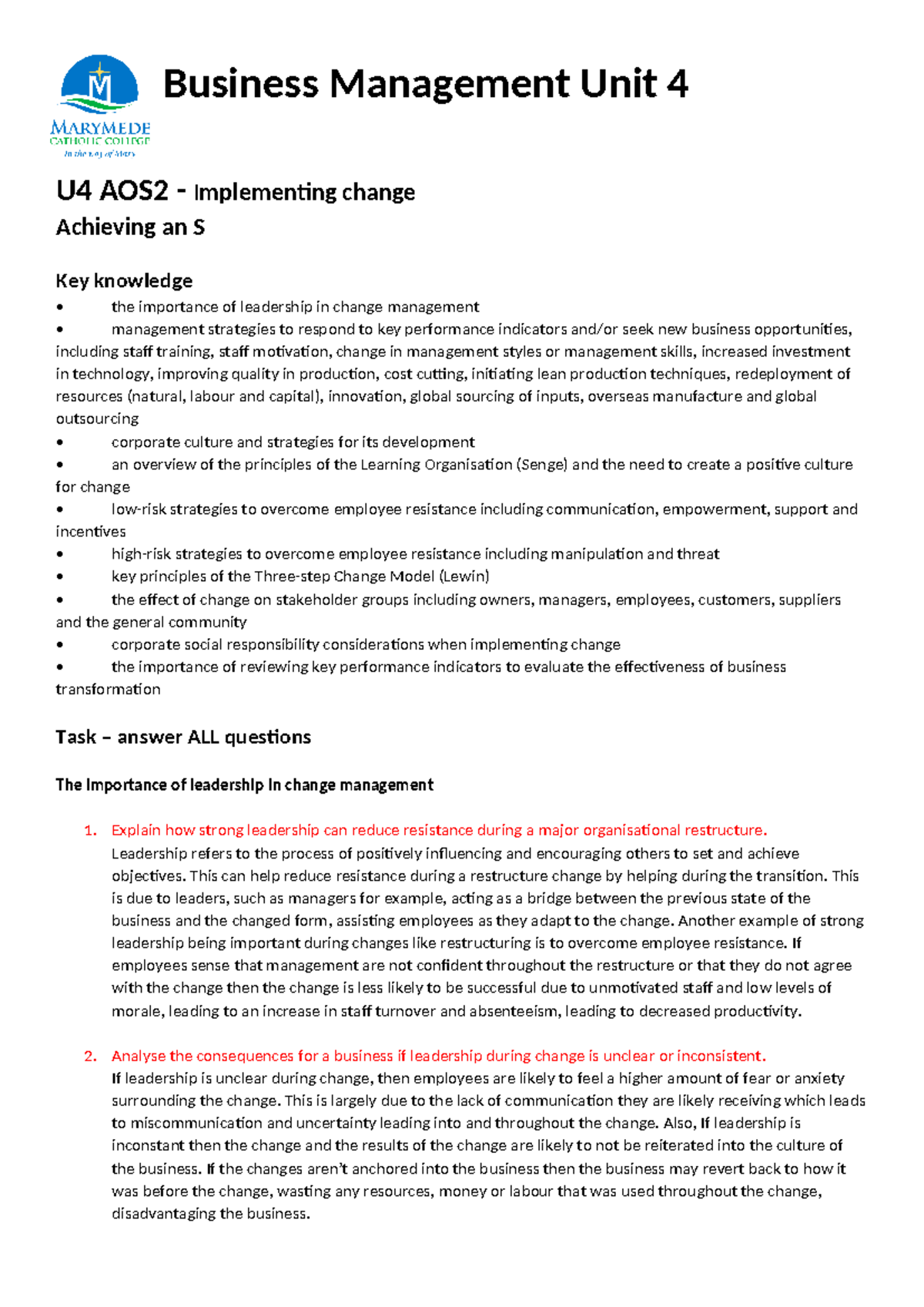 Business Management U4 AOS2: Implementing Change & Leadership ...