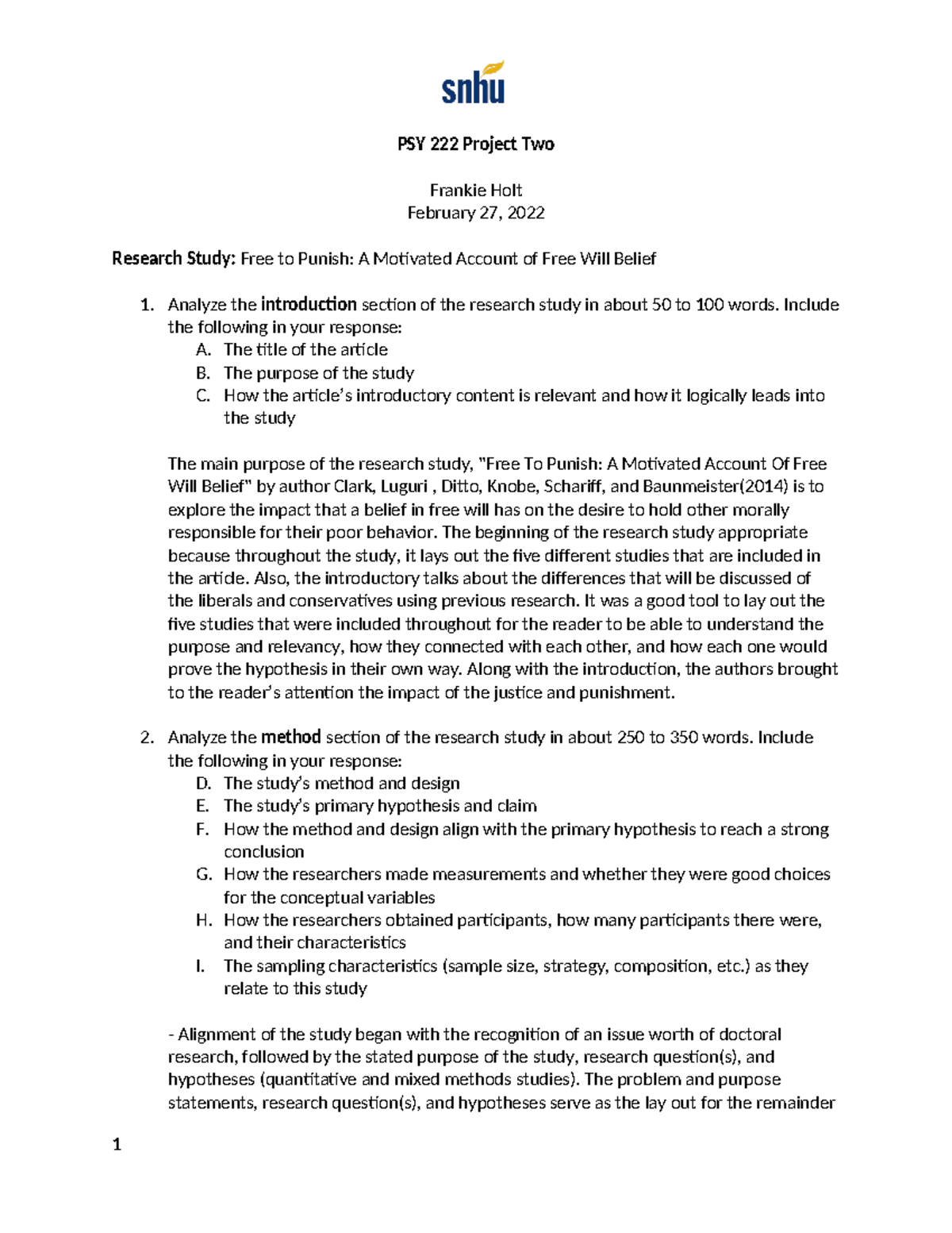 PSY222 Project Two: Analyzing Free Will Beliefs in Moral Responsibility ...