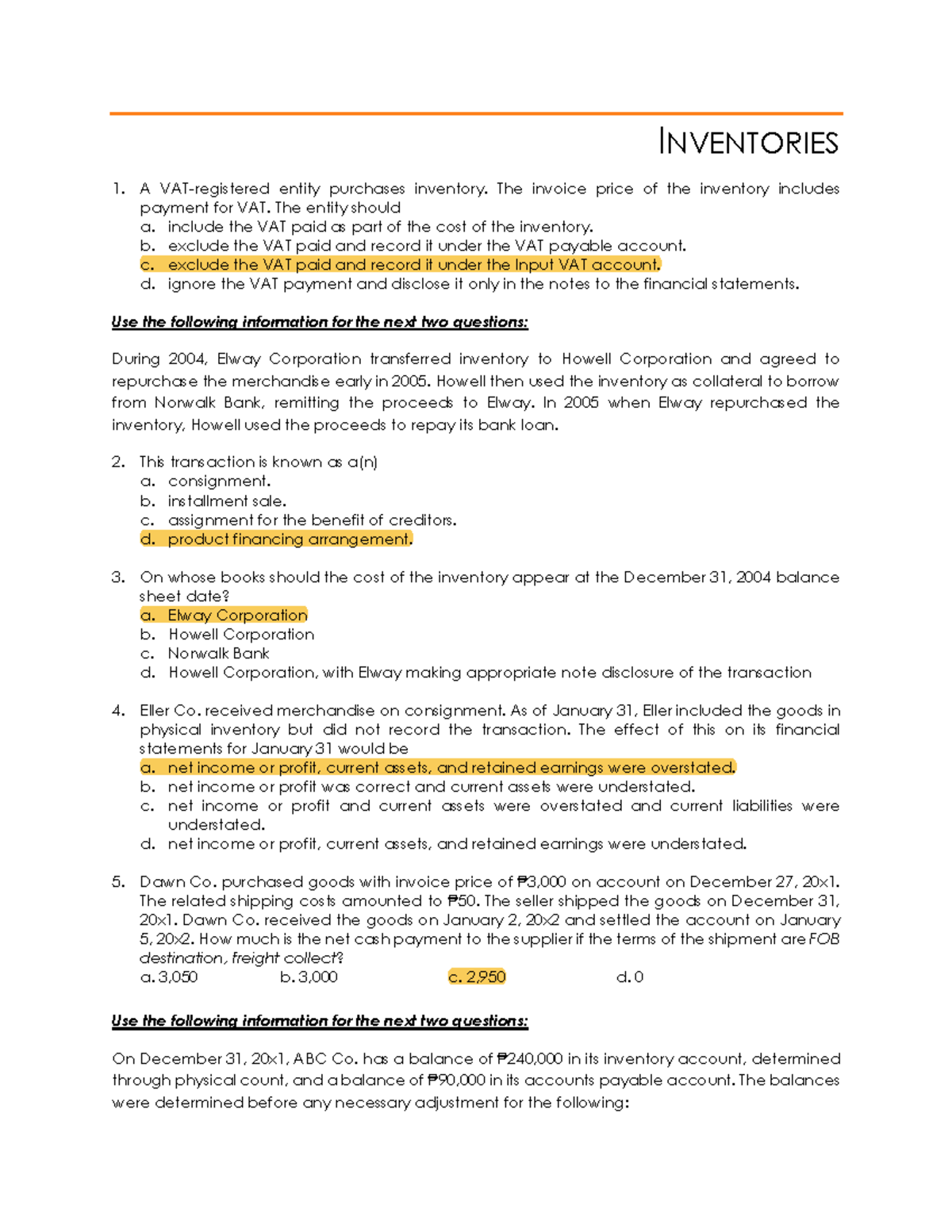 INVENTORIES - Accounting Study Notes for Course ACCT 101 - Studocu