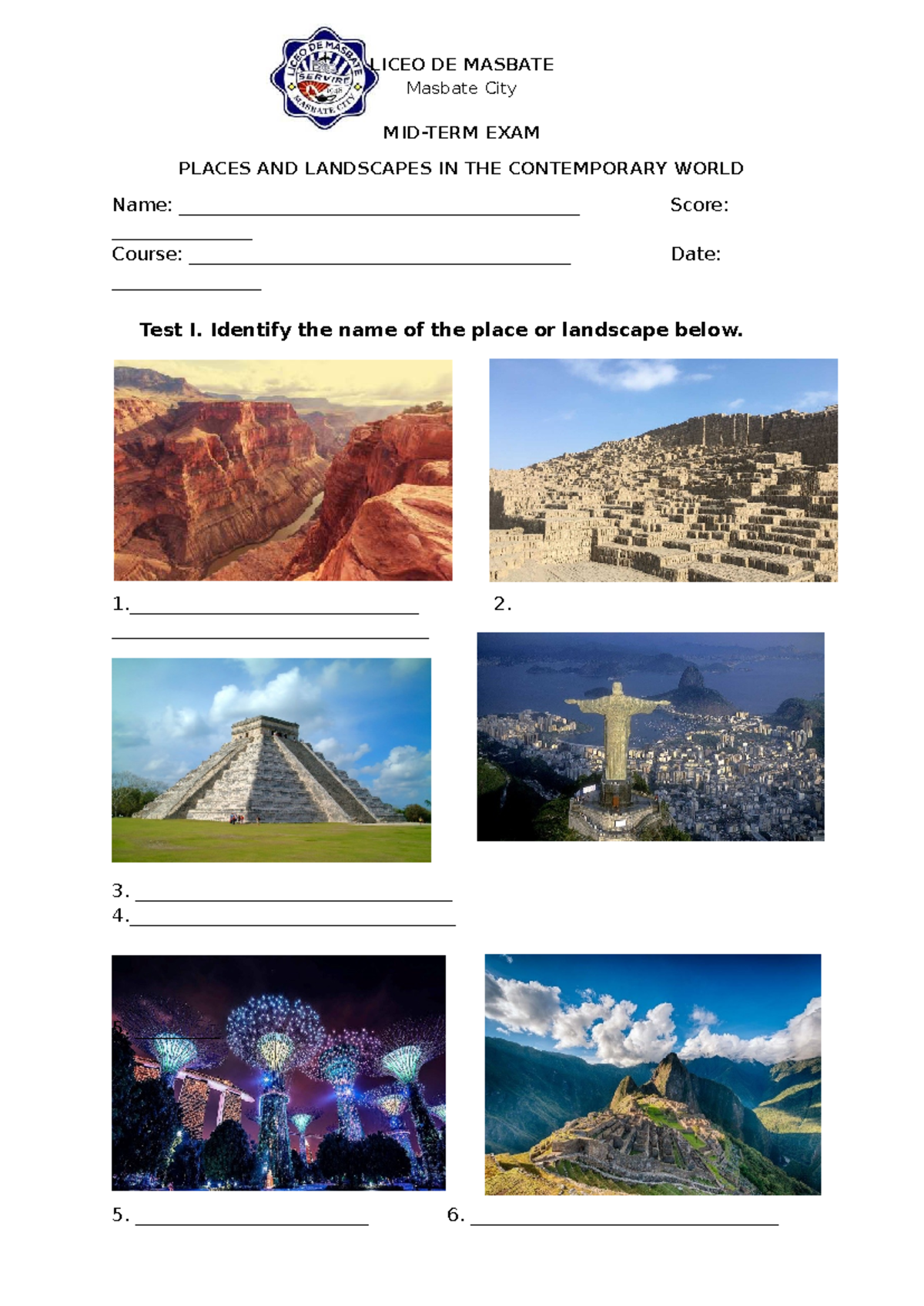LICEO DE MASBATE Midterm Exam: Places & Landscapes in the World - Studocu