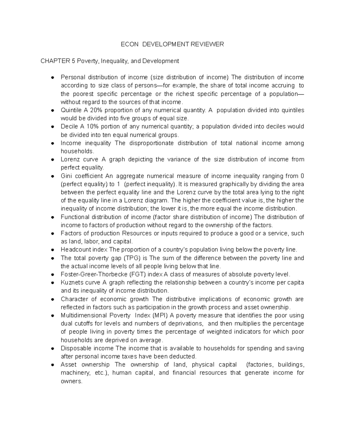 ECON 101 DEVELOPMENT REVIEWER: CH 5 & 6 Poverty, Inequality, and Growth ...