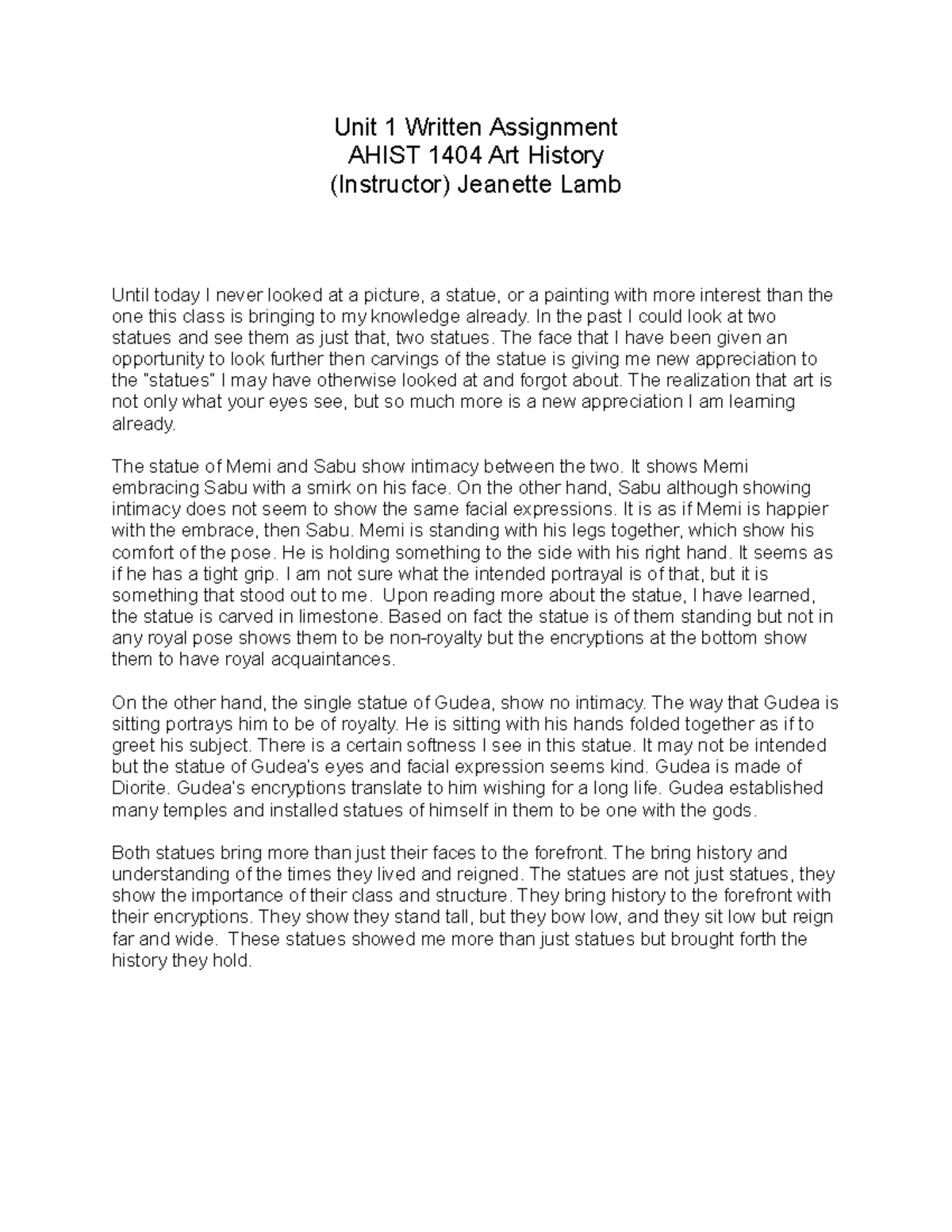 Art HIstory Unit 1 Written assignment - Unit 1 Written Assignment AHIST ...