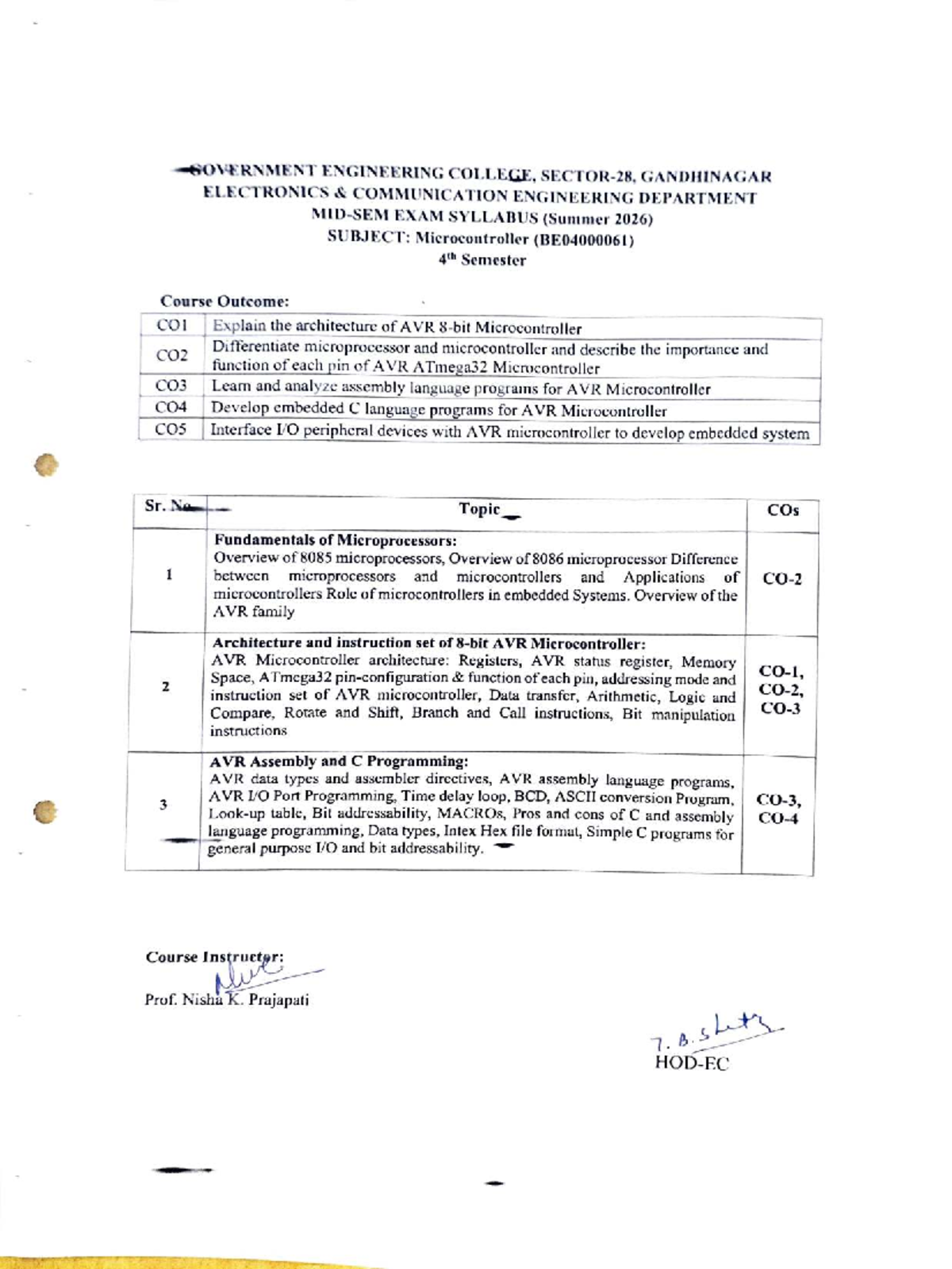 MSE Syllabus: Microcontroller (4th Sem) - Summer 2026 - Studocu