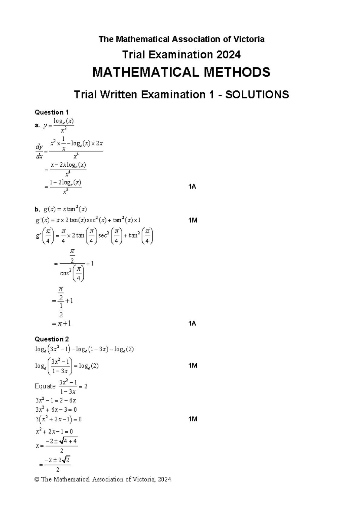 2024 MAV Mathematical Methods Trial Exam 1 Solutions - Studocu