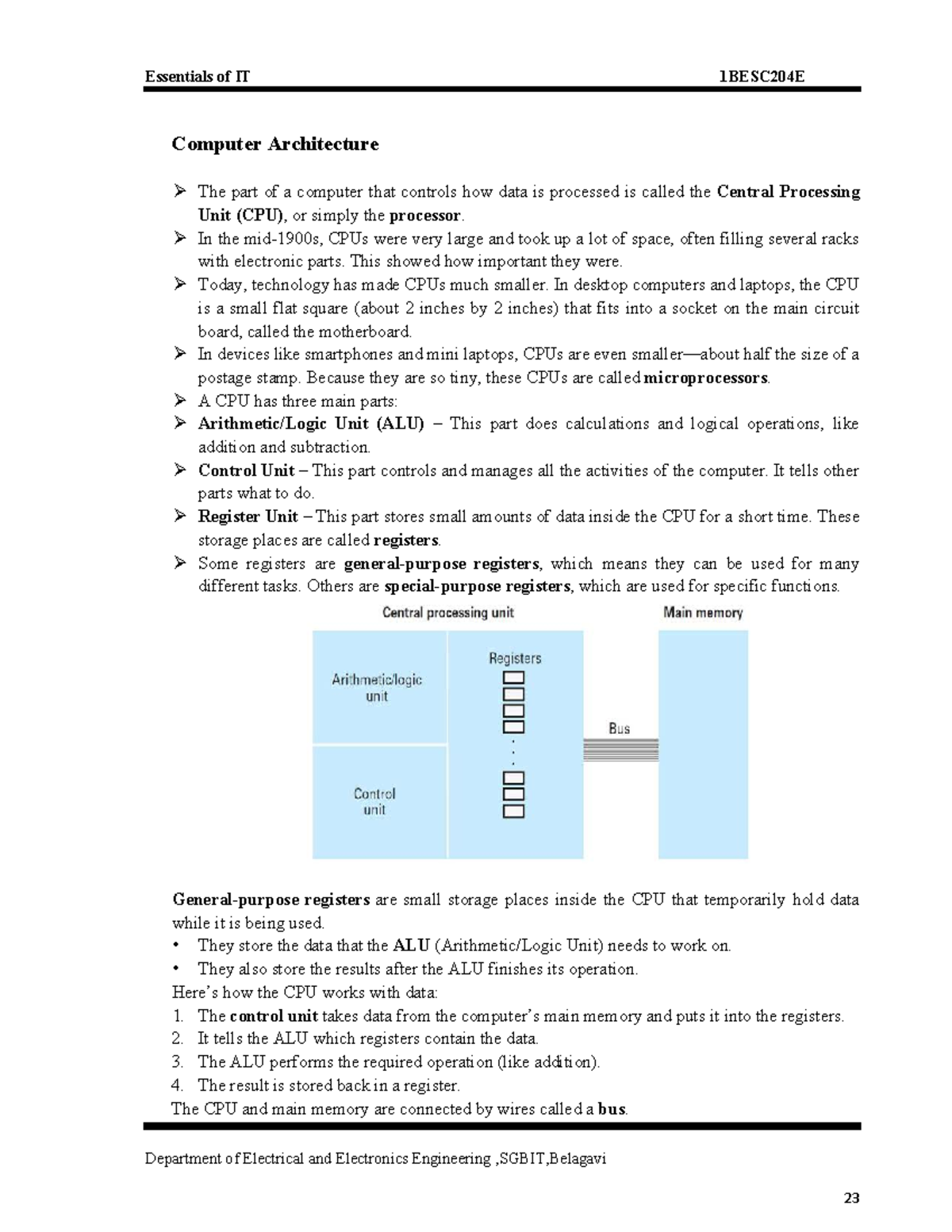 Essentials of IT 1BESC204E: CPU Architecture and Functionality Notes ...