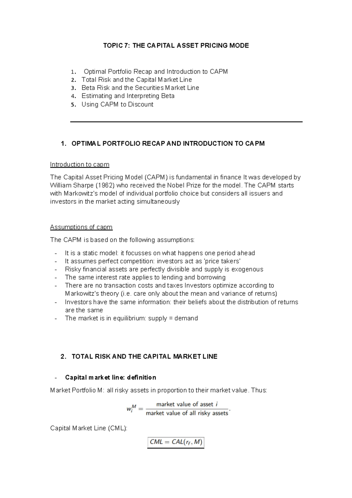 Topic 7 - Apuntes sobre el Capital Asset Pricing Model (CAPM) - Studocu
