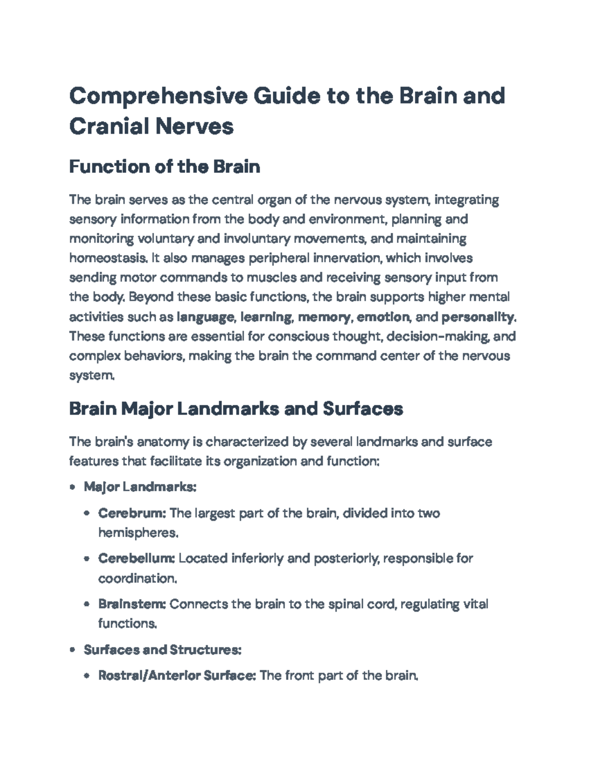 Comprehensive Study of Brain Anatomy & Cranial Nerves Functions - Studocu