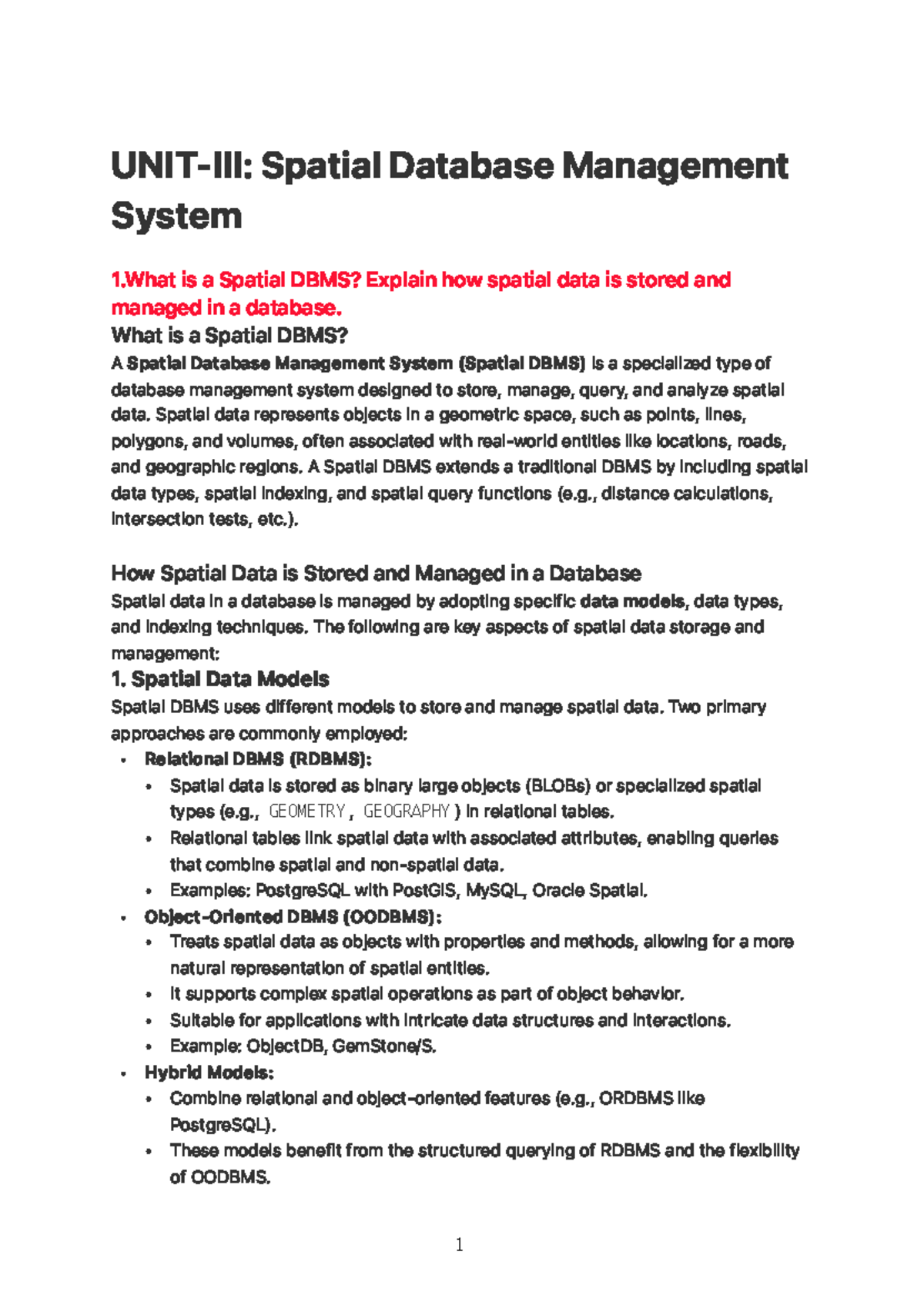 RS&GIS UNIT-III: Understanding Spatial DBMS and Data Management - Studocu