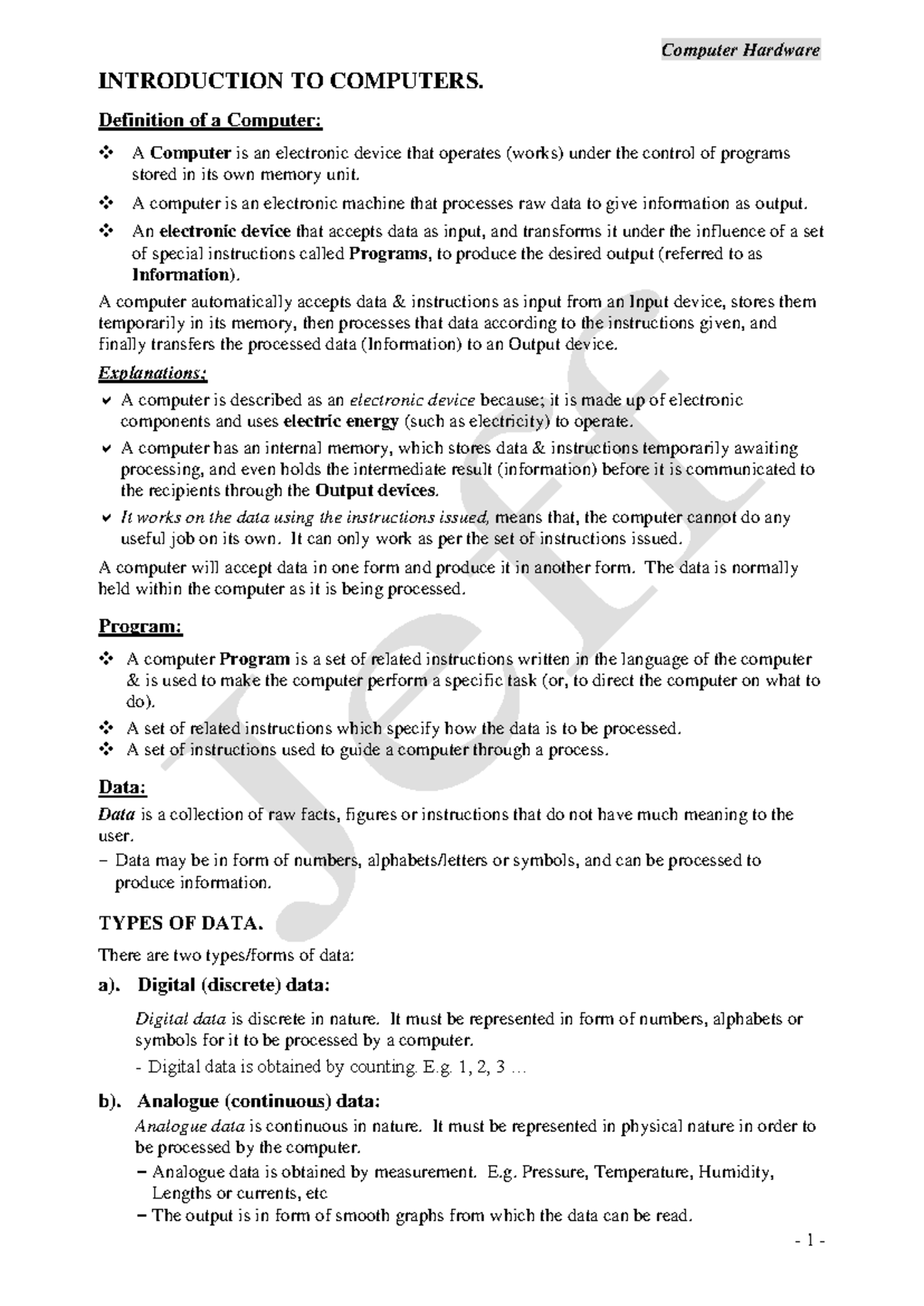 Computer Hardware Lecture Notes - Introduction, Parts & Types - Studocu