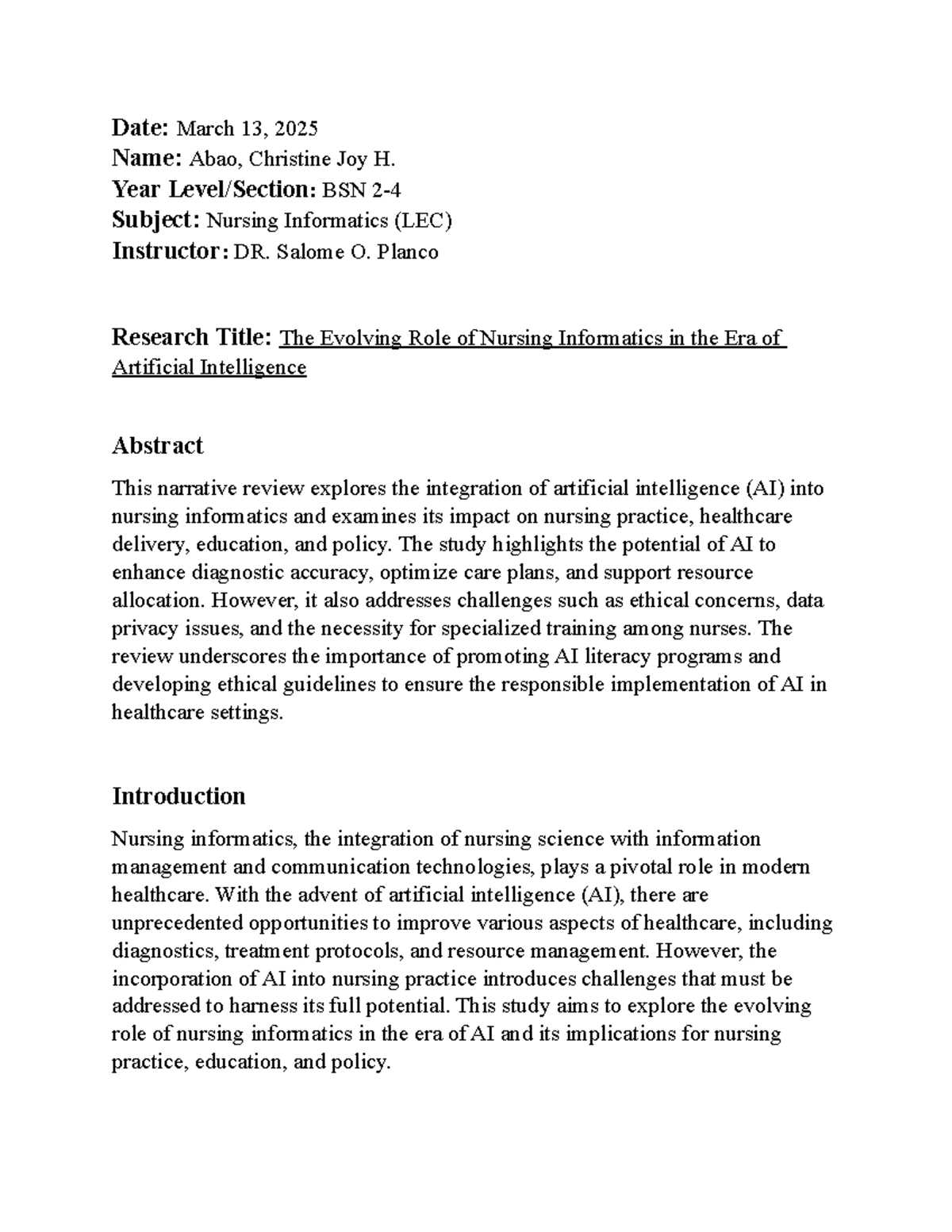 Nursing Informatics (LEC) Research: AI's Impact on Nursing Practice ...