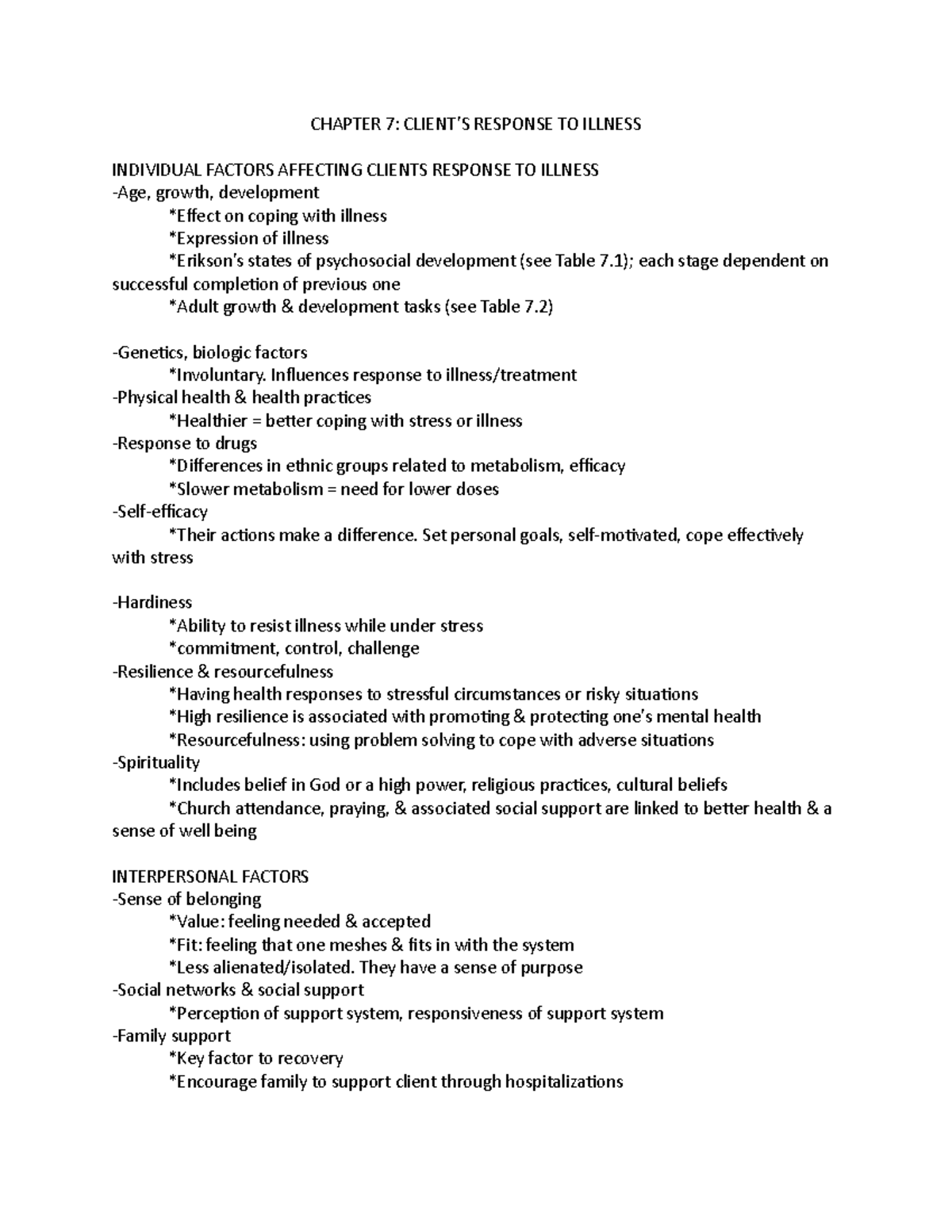 Chapter 7: Client Responses to Illness & Affecting Factors - Studocu