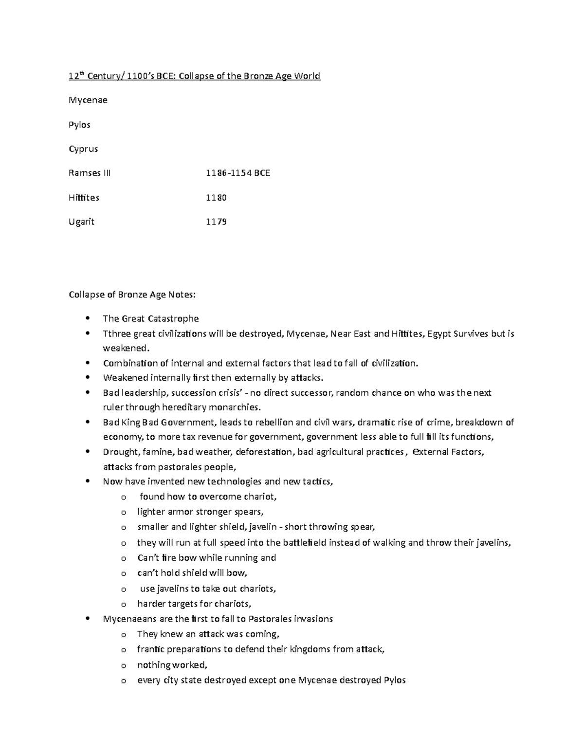 Collapses of the Bronze Age Outline - 12 th Century/ 1100’s BCE ...