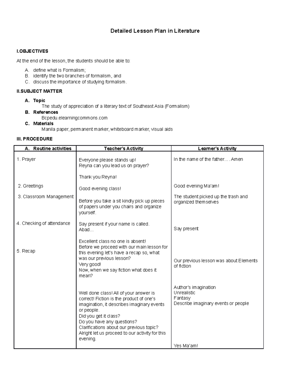 Detailed LP on Formalism in Literature Studies (ENG 101) - Studocu