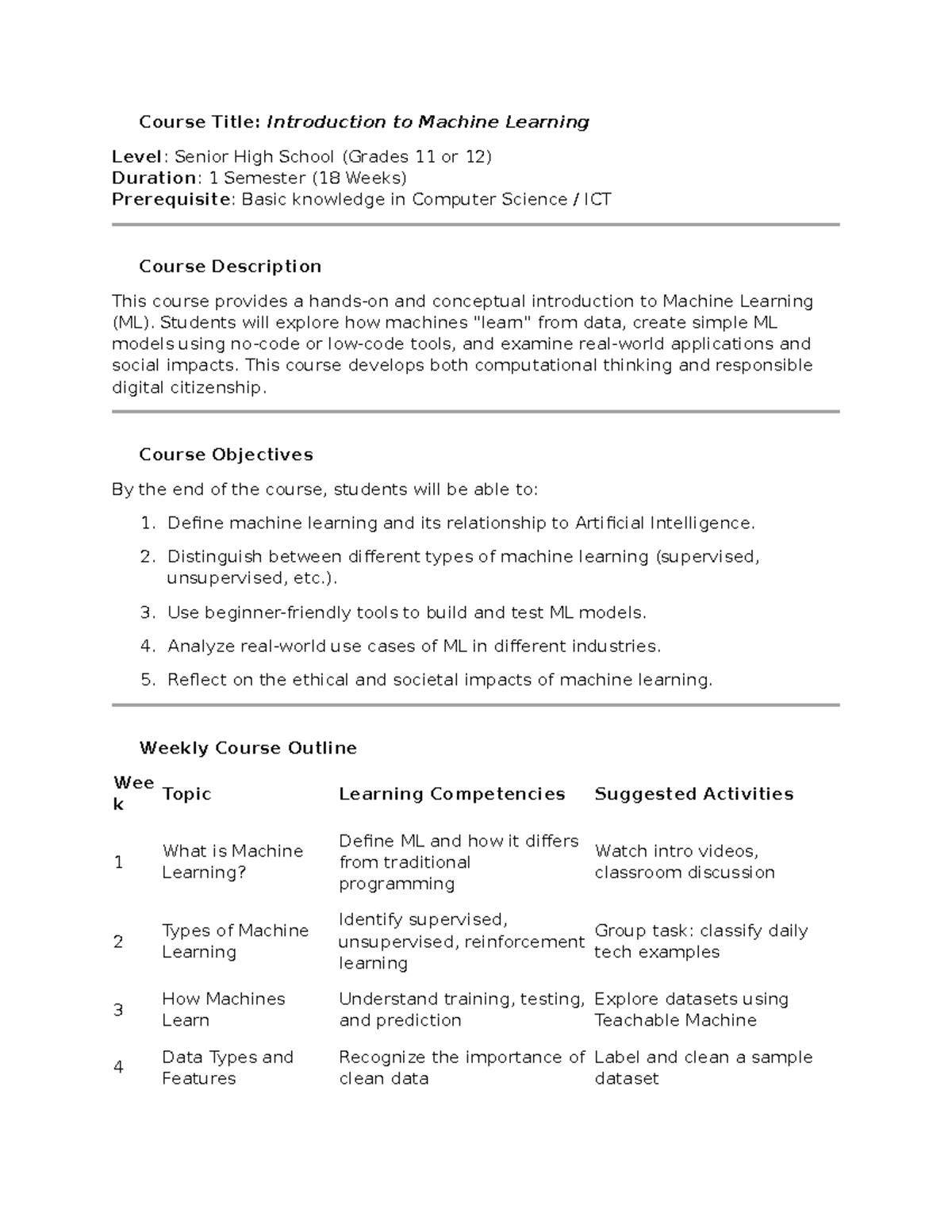 Machine Learning Syllabus (Sample) - Senior High School Course - Studocu
