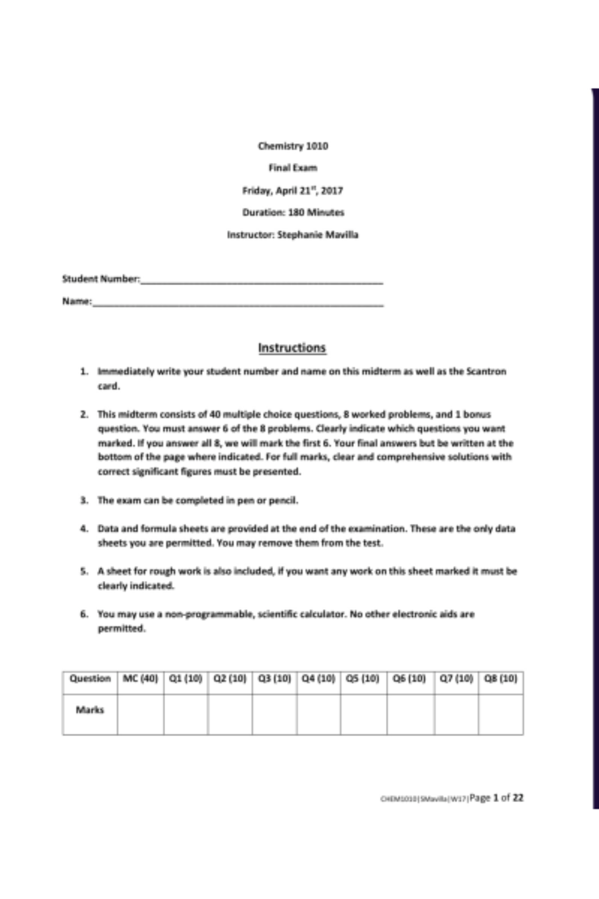 Chem 1010u exam - chem exam - Chemistry 1010 Final Exam Friday, April ...