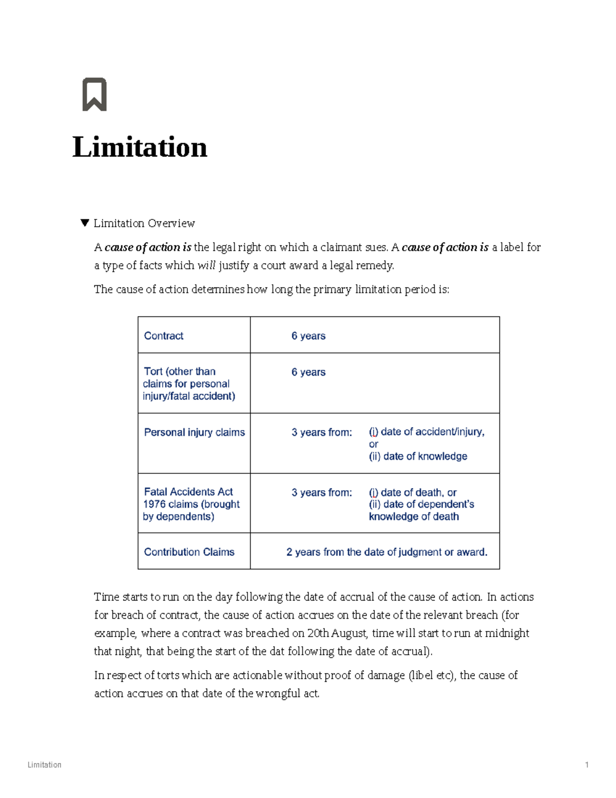 Limitation Overview: Key Concepts and Case Studies (Syll Area 2) - Studocu