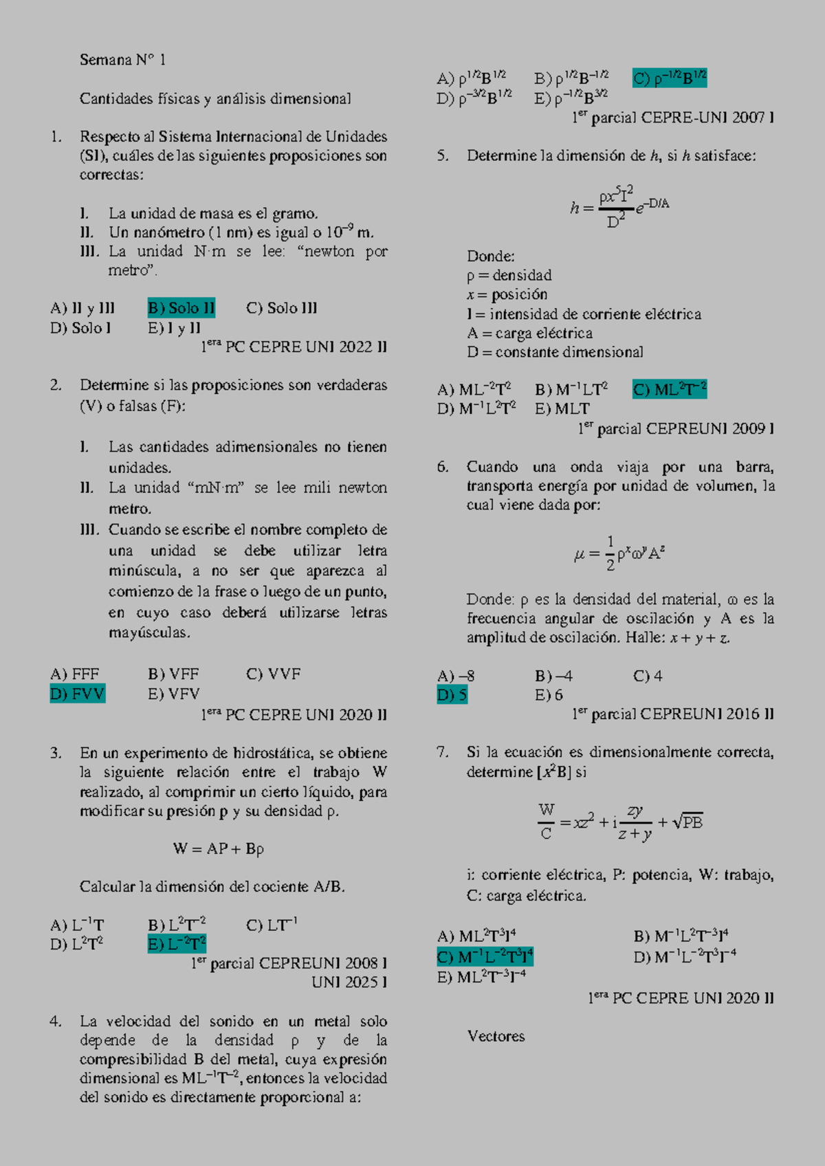 Semana 1: Cantidades Físicas y Análisis Dimensional - PC CEPRE UNI - Document Preview