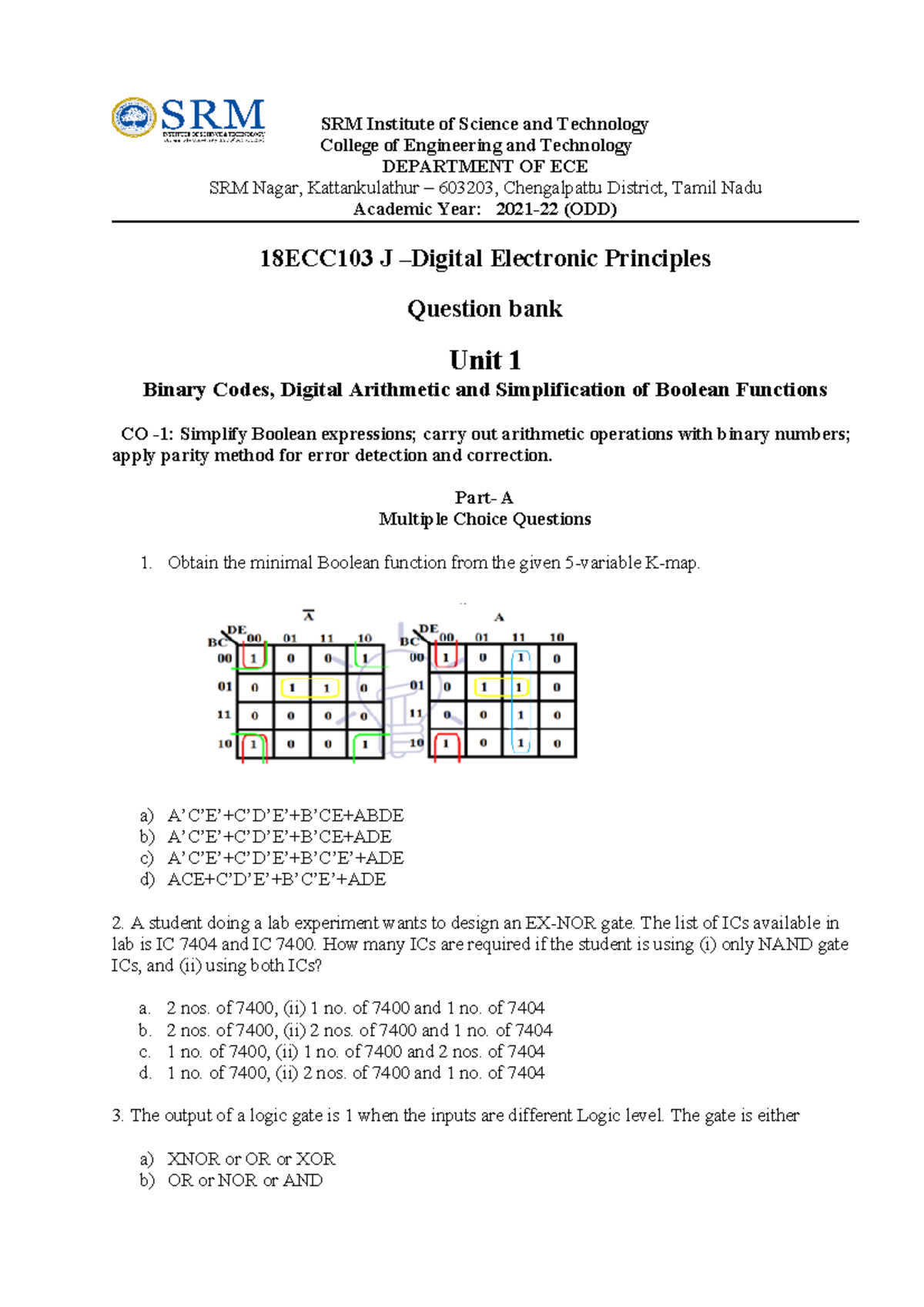 18ECC103 J - Digital Electronics Principles Question Bank - Studocu