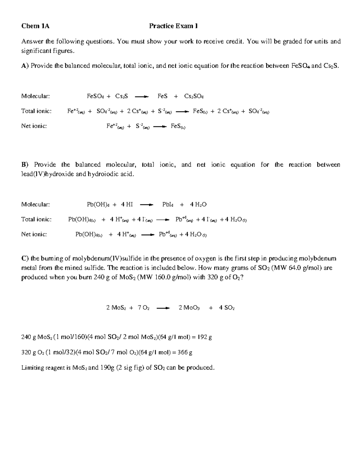Chem 1A Practice Exam I Key - Version A-1 Answers and Solutions - Studocu