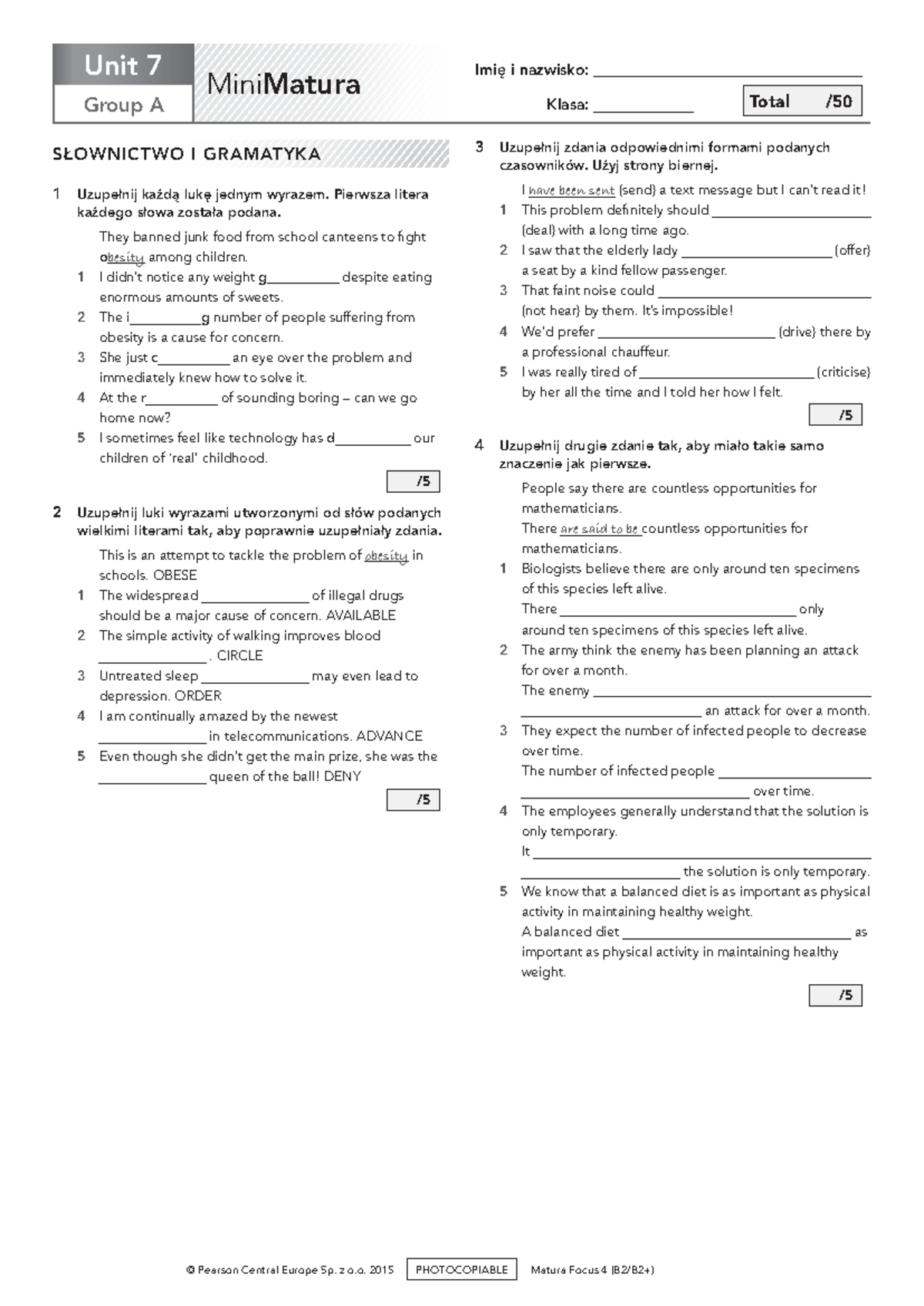Mini Matura Unit 7 Group A Review and Practice Guide - Studocu