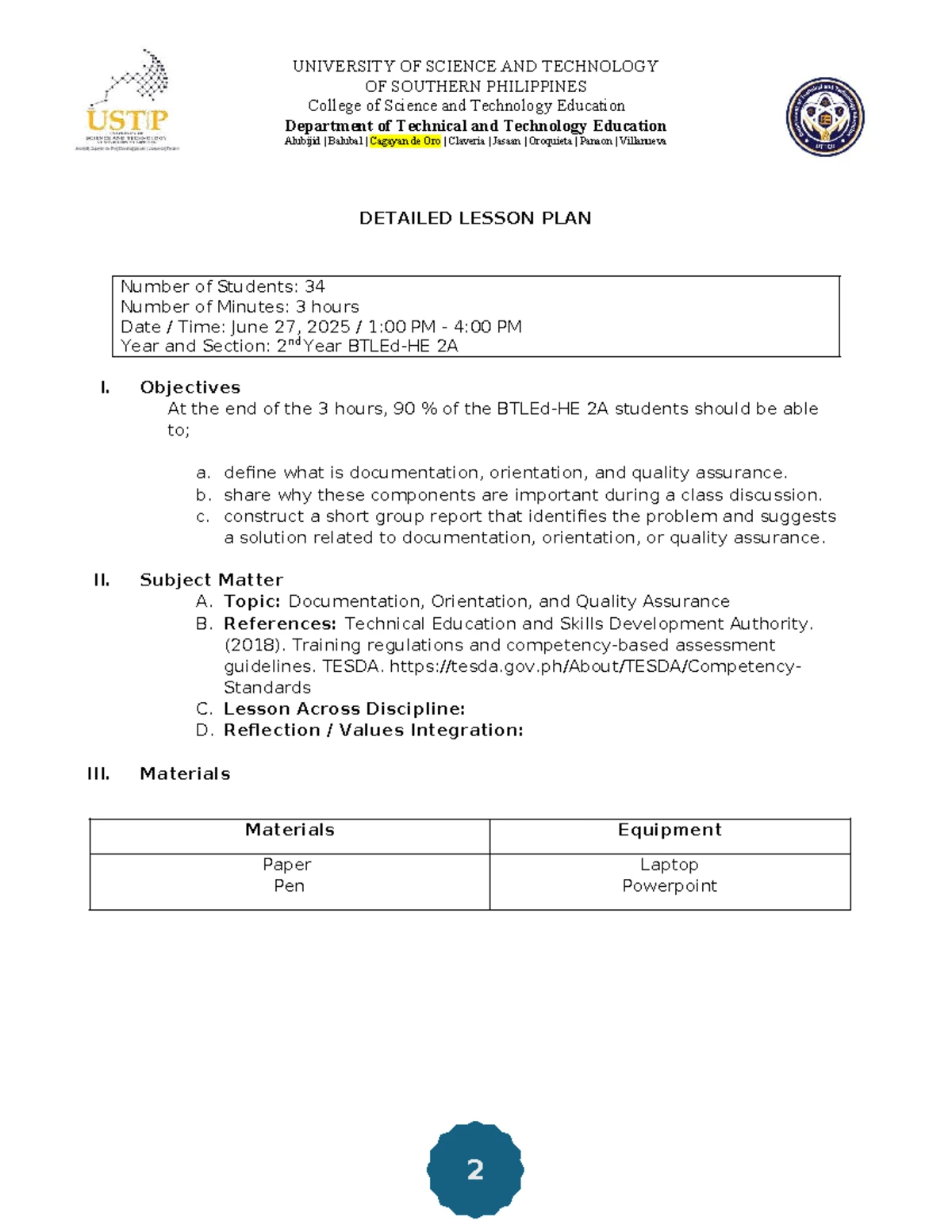 Edu 321 Detailed Lesson Plan on Documentation & Quality Assurance - Studocu