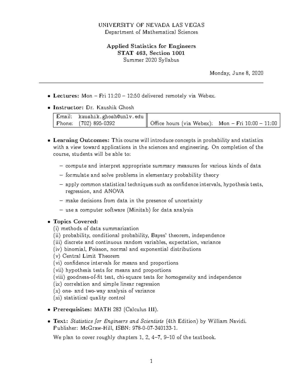 STAT 463 Summer 2020 Syllabus - Applied Statistics for Engineers - Studocu