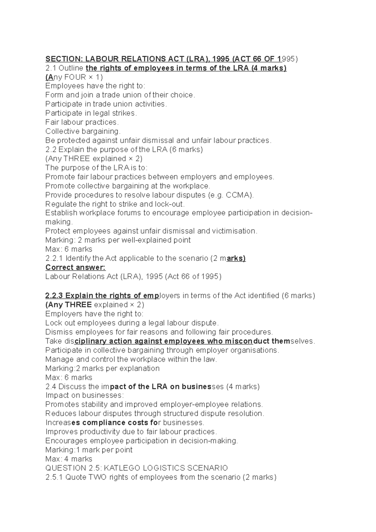 Labour Relations Act (LRA) 1995: Employee Rights & Business Impact Memo ...