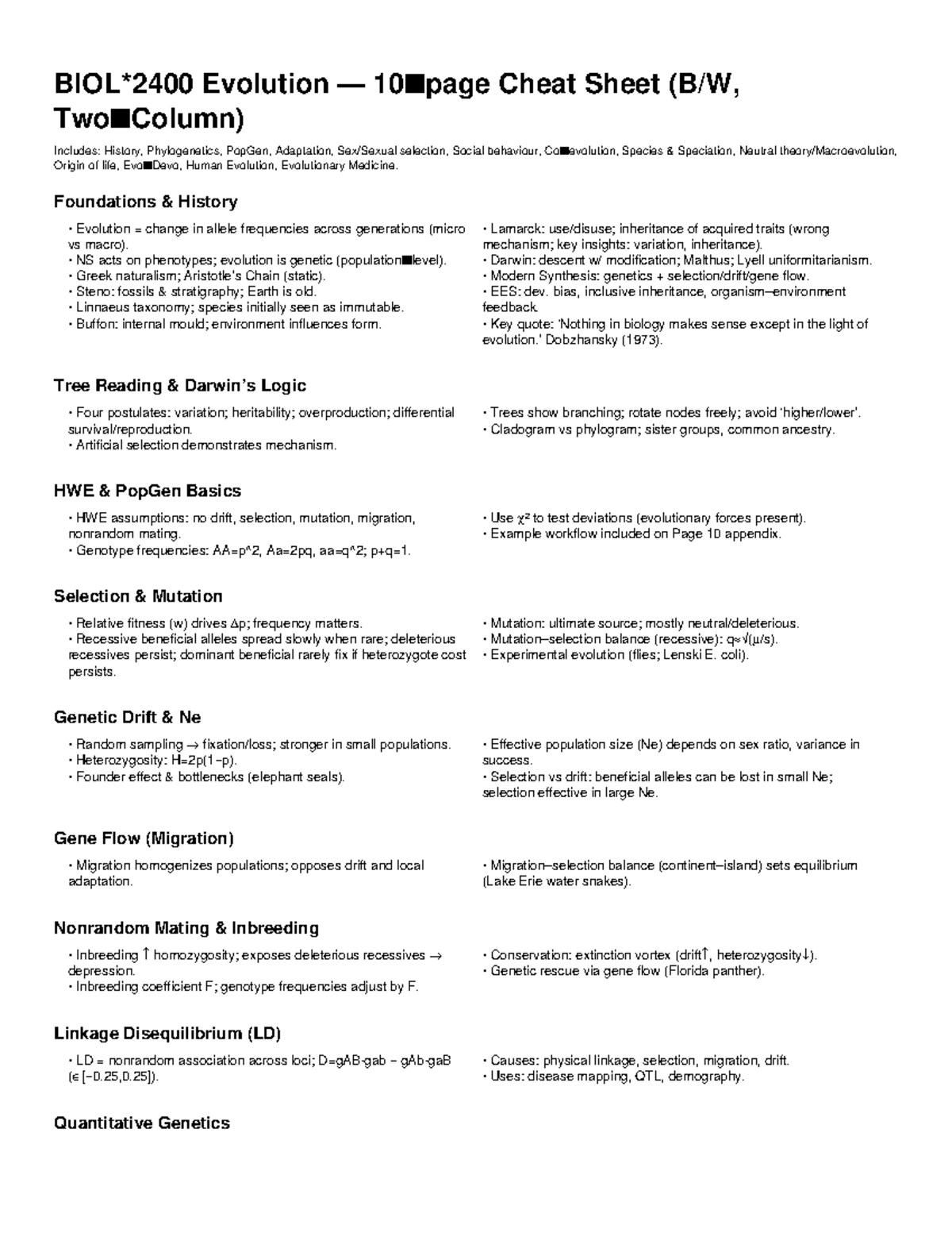 BIOL2400 Evolution Cheat Sheet: Key Concepts & Mechanisms - Studocu