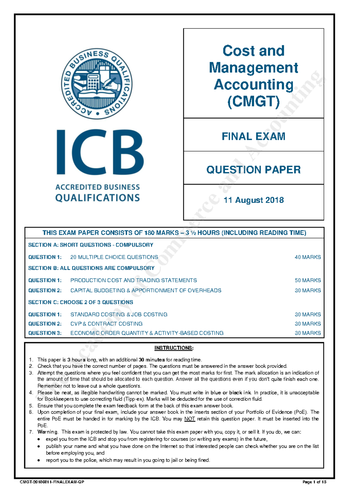 CMGT 2018 Final Exam Question Paper - Cost & Management Accounting ...