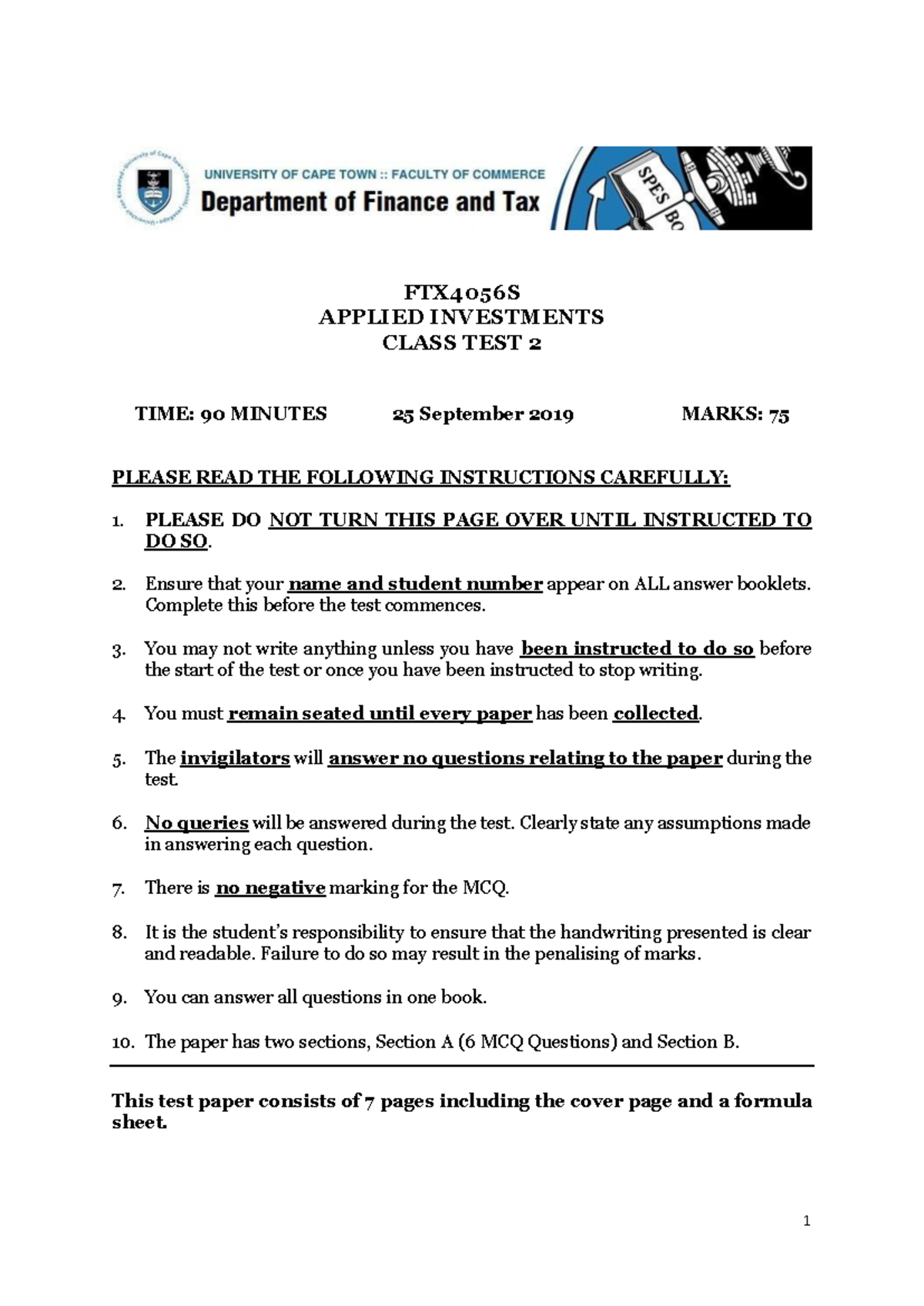 FTX4056S Test 2 Questions on Fixed Income Securities - September 2019 ...
