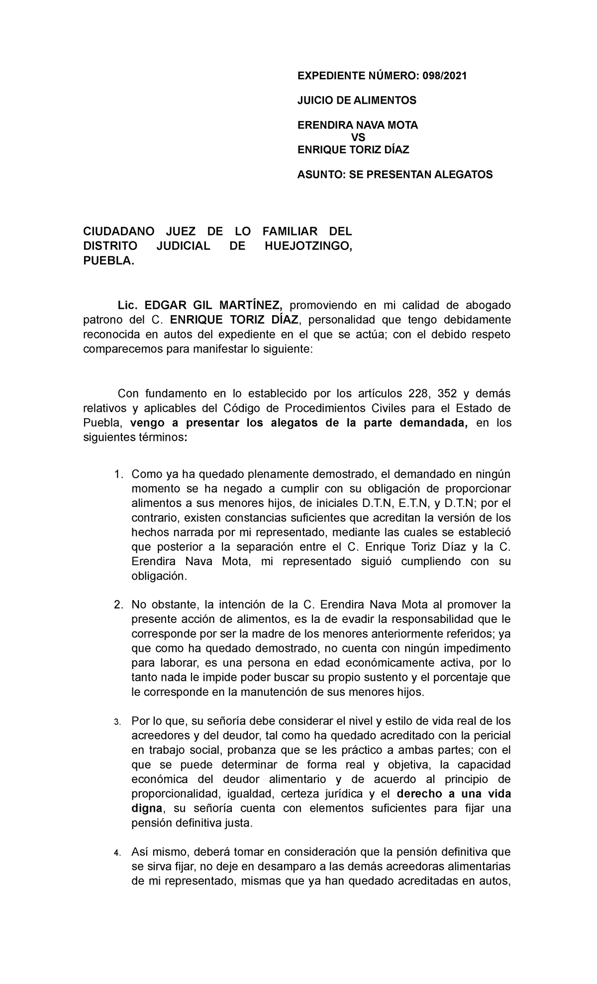 Alegatos de la Parte Demandada en Juicio de Alimentos 098/2023 - Document Preview