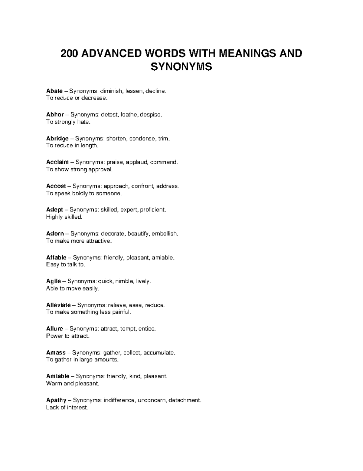 200 ADVANCED WORDS WITH MEANINGS & SYNONYMS - Study Notes - Studocu