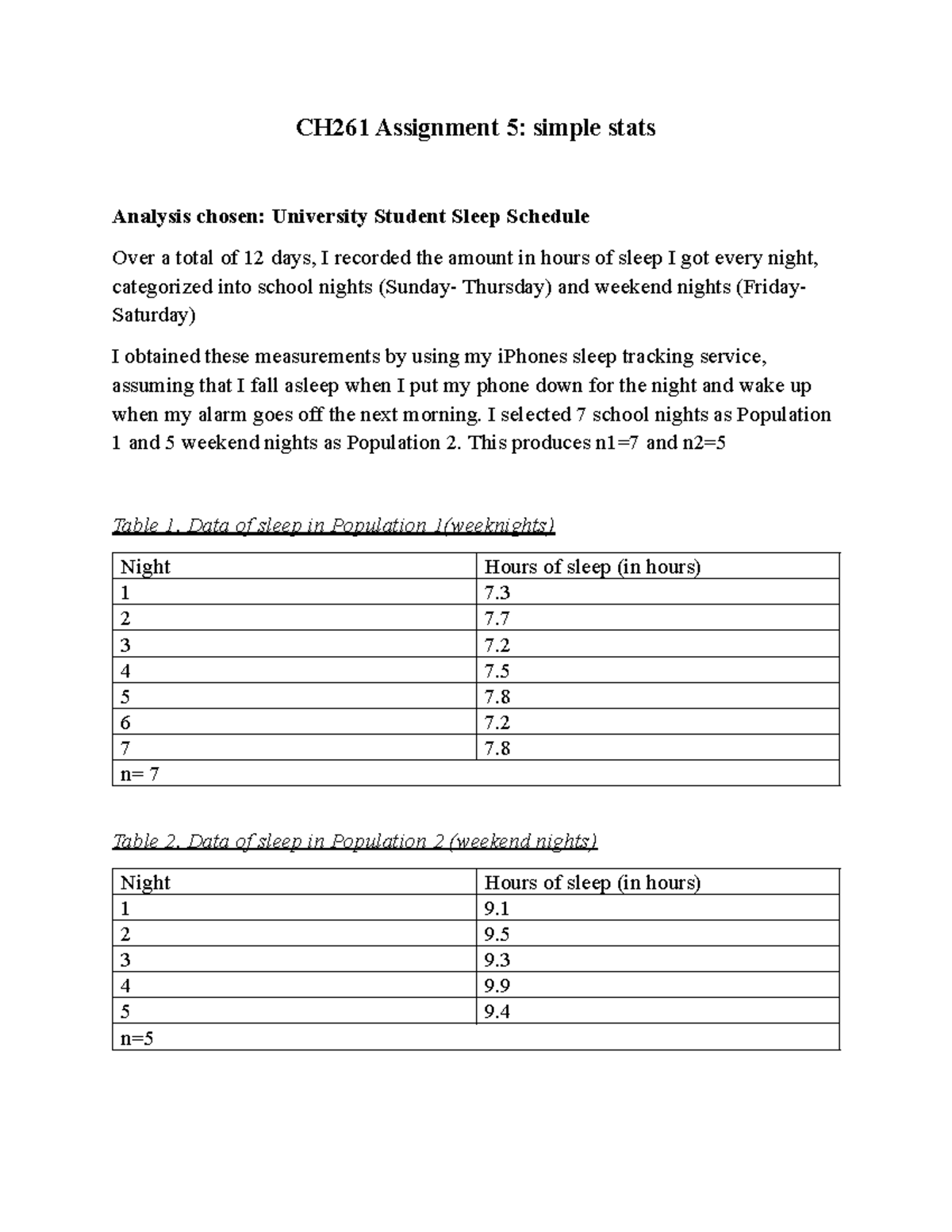 CH261 Assignment 5: Analysis of University Student Sleep Patterns - Studocu