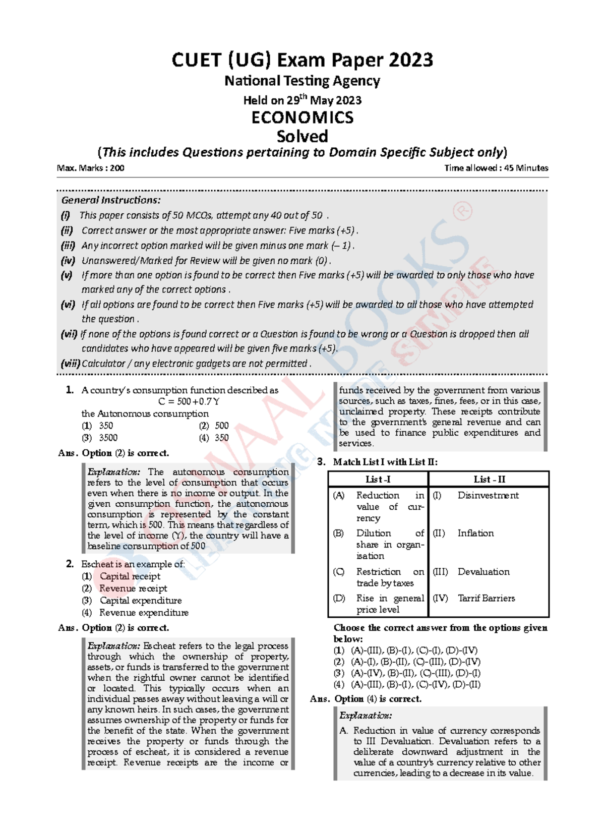 CUET SQP Economics Paper - CUET (UG) Exam Paper 2023 National Testing ...