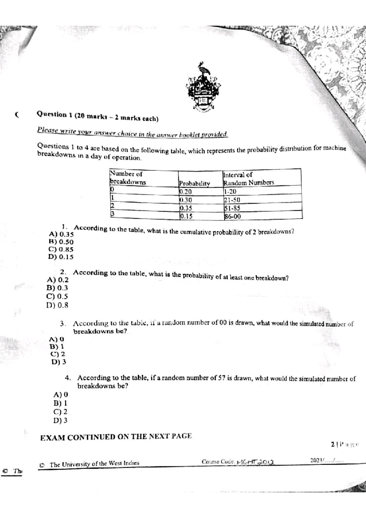 Quantitative Methods 2024 - ( Question 1 (20 marks 2 marks each) Please ...