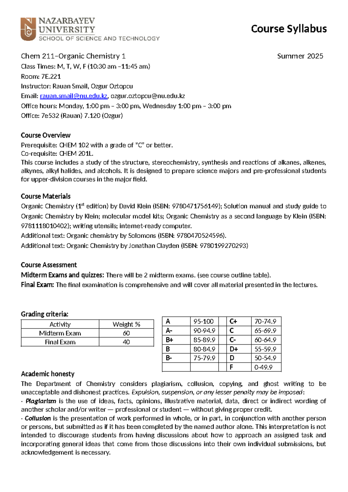 Syllabus for CHEM 201: Organic Chemistry I - Summer 2025 - Studocu