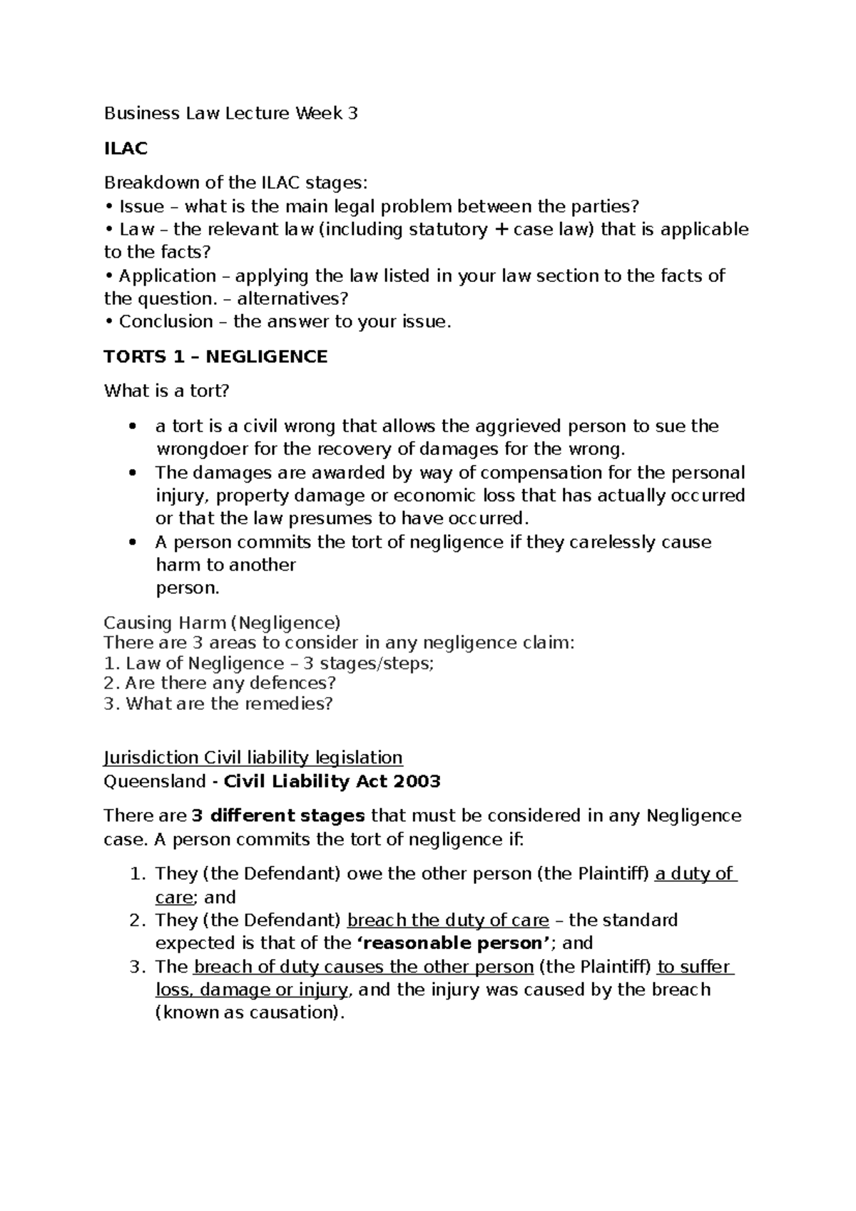 Business Law Week 3: Torts 1 - Negligence & ILAC Structure Overview ...