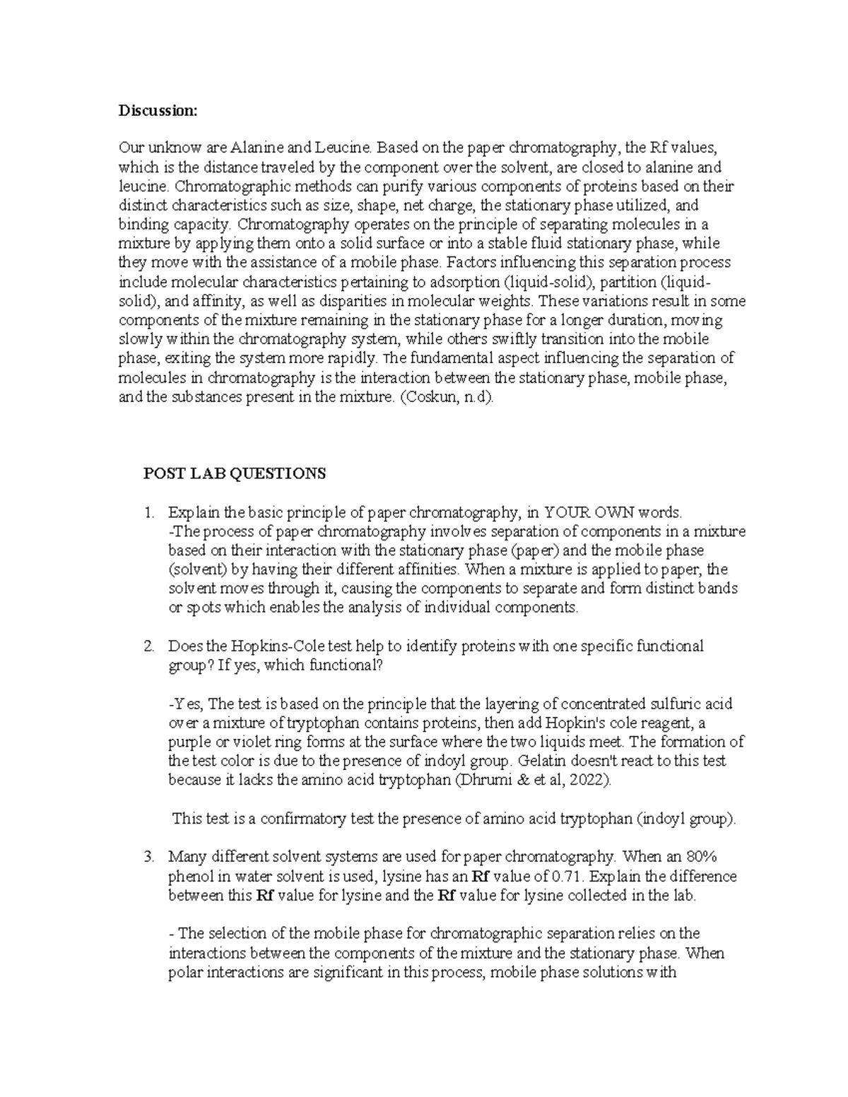 Biochem POST LAB 2 - to help - Discussion: Our unknow are Alanine and ...