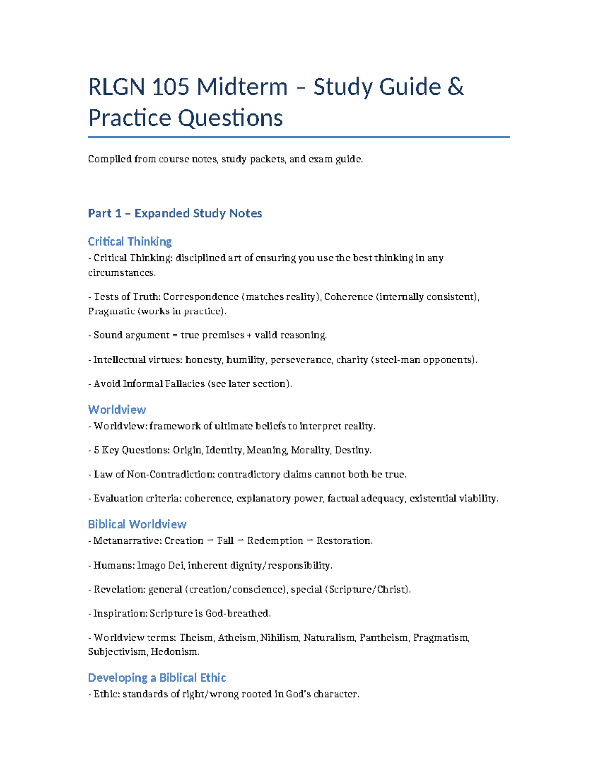 RLGN 105 Midterm Study Guide: Key Concepts & Practice Questions - Studocu
