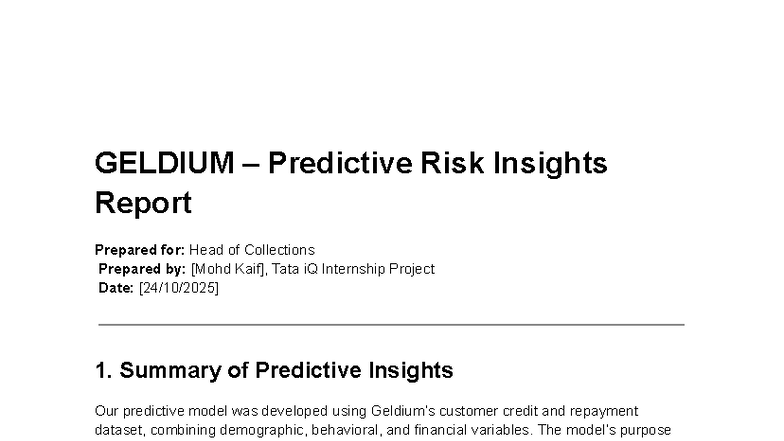 GELDIUM - Predictive Risk Insights Report for Tata iQ Internship - Studocu