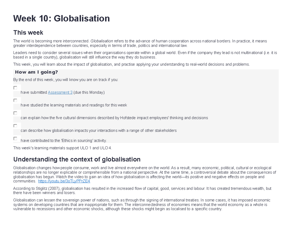 Week 10 Globalisation - Lecture note WEEK 10 - Week 10: Globalisation ...
