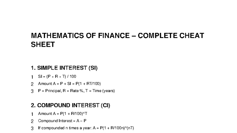 MAT 101: Mathematics of Finance Complete Cheat Sheet - Studocu