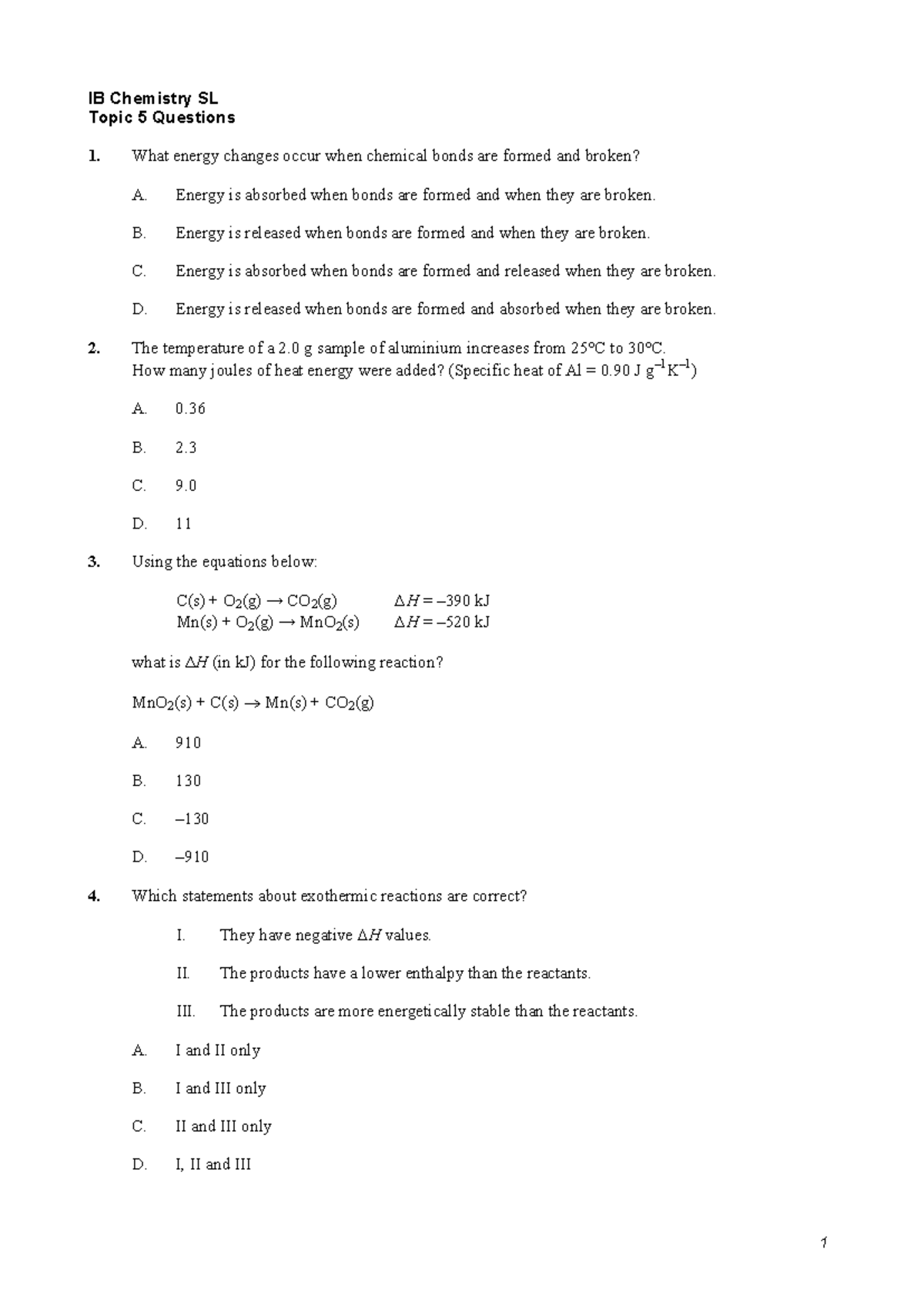 IB Chemistry SL Topic 5 Questions on Thermodynamics and Energy Changes ...