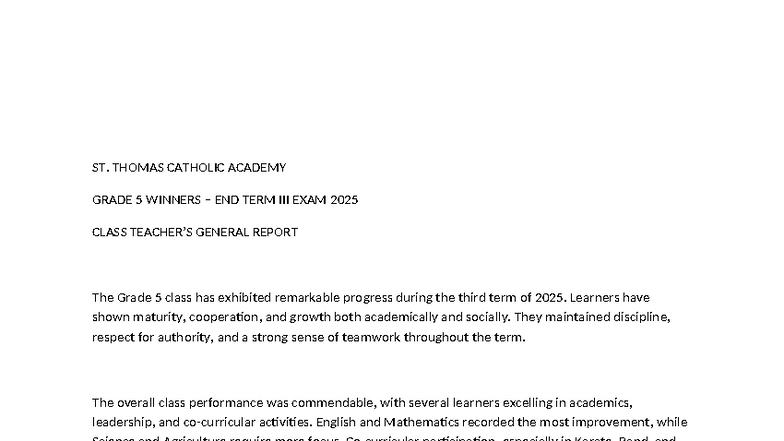 Grade 5 2025 Term 3 General Report & Individual Remarks - Studocu