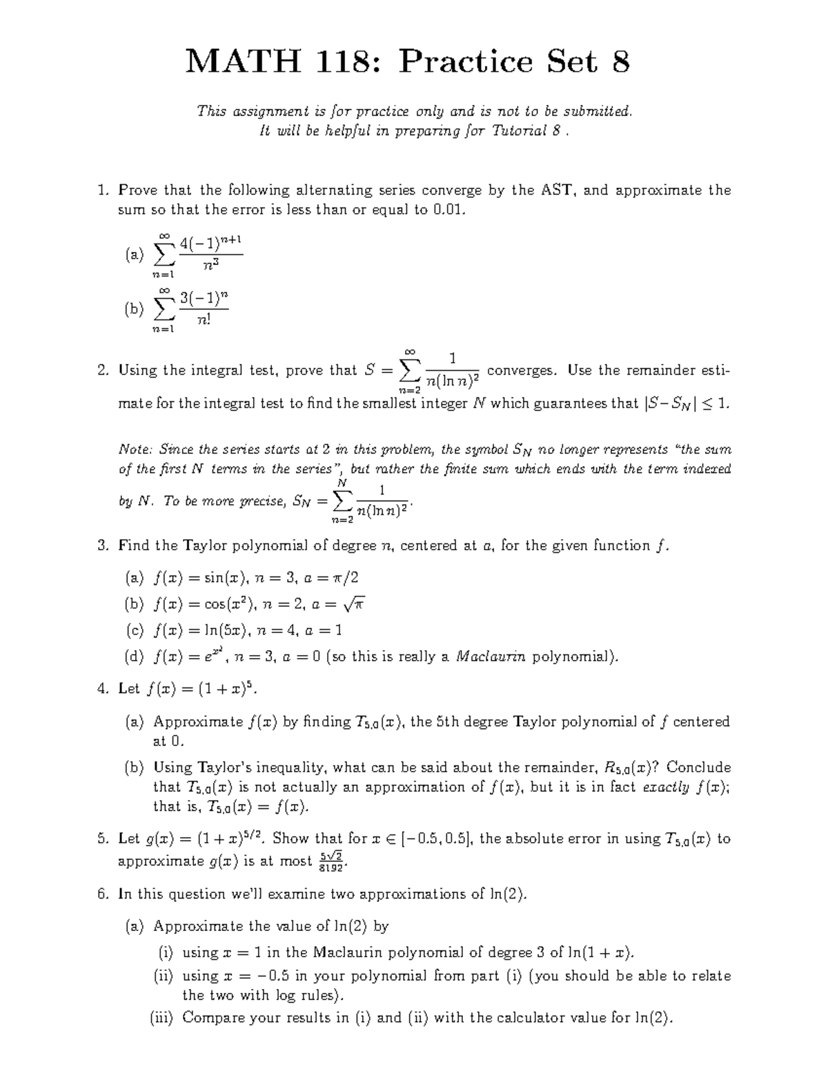 MATH 118: Practice Set 8 - Convergence and Taylor Polynomials - Studocu