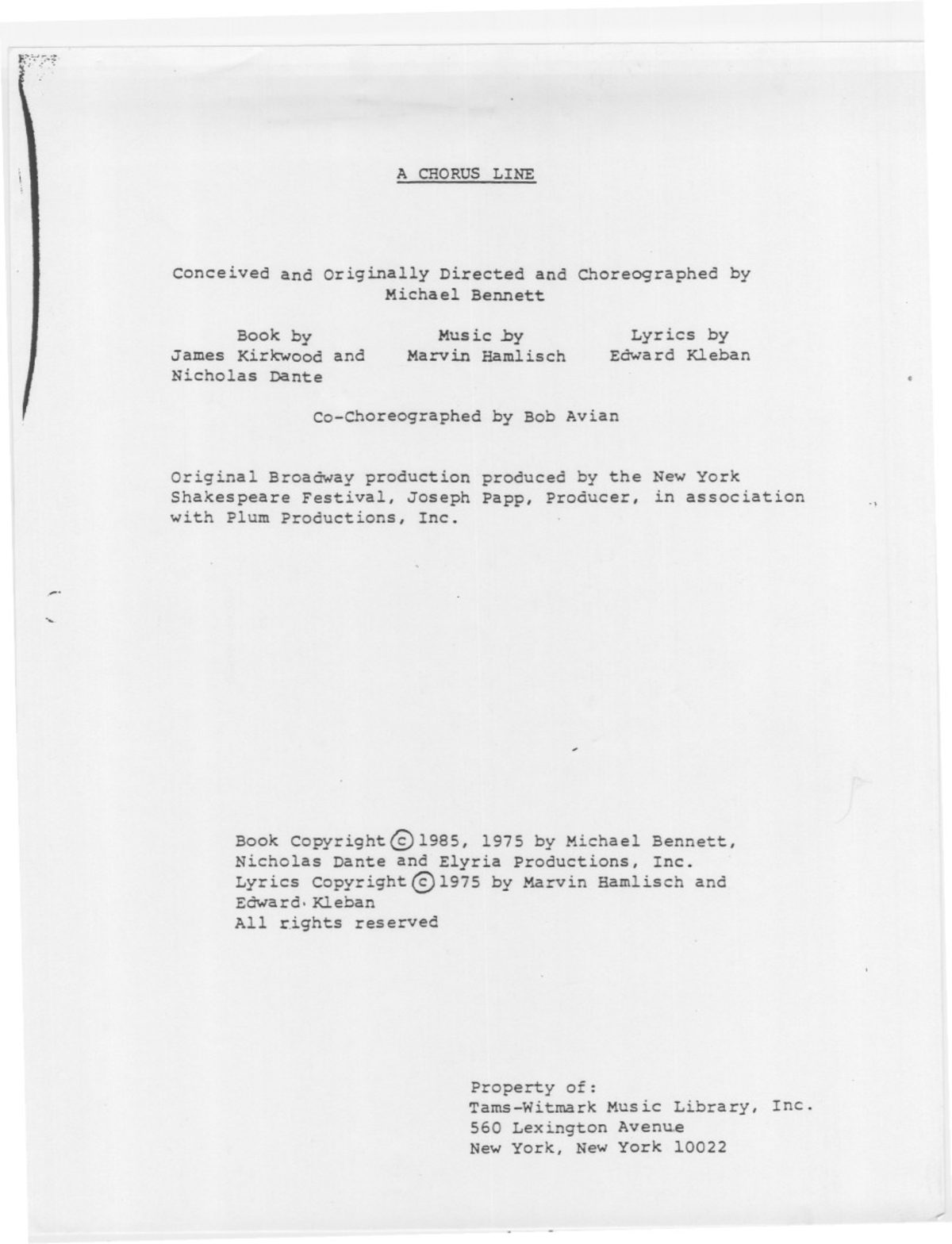 A CHORUS LINE: Original Broadway Production Notes and Script - Studocu