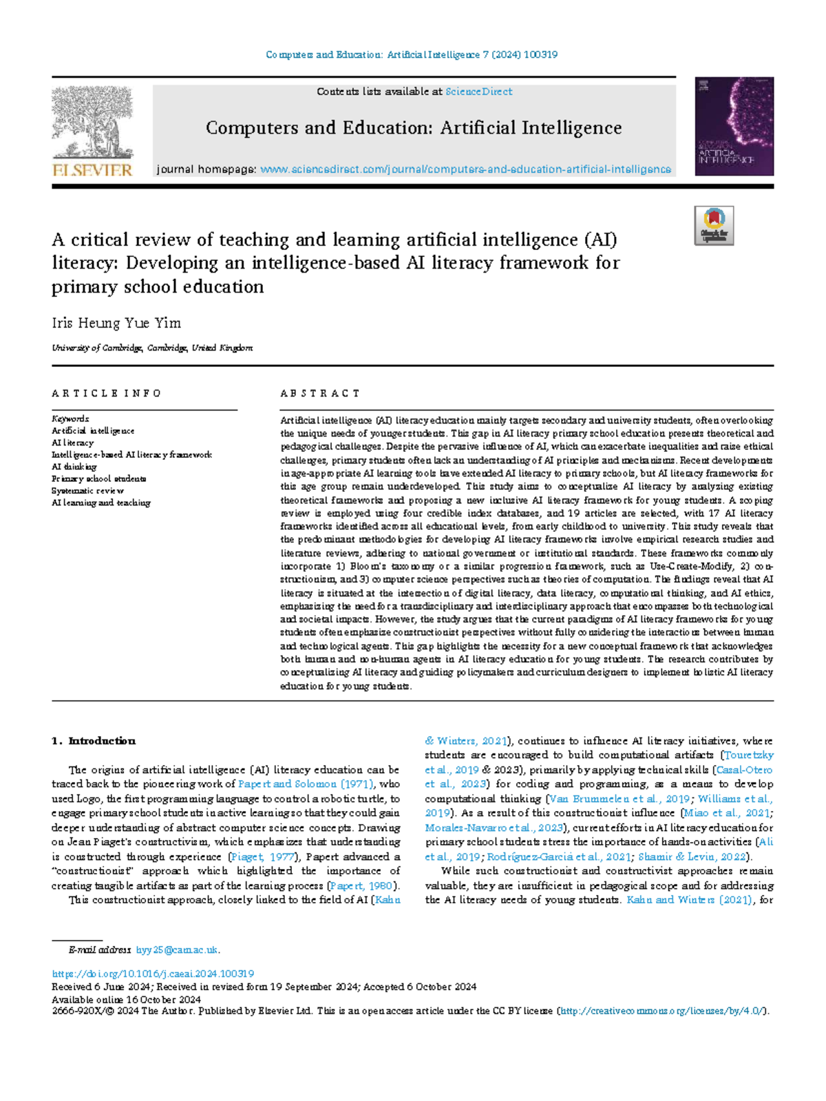 AI Literacy Framework for Primary Education: A Critical Review and ...