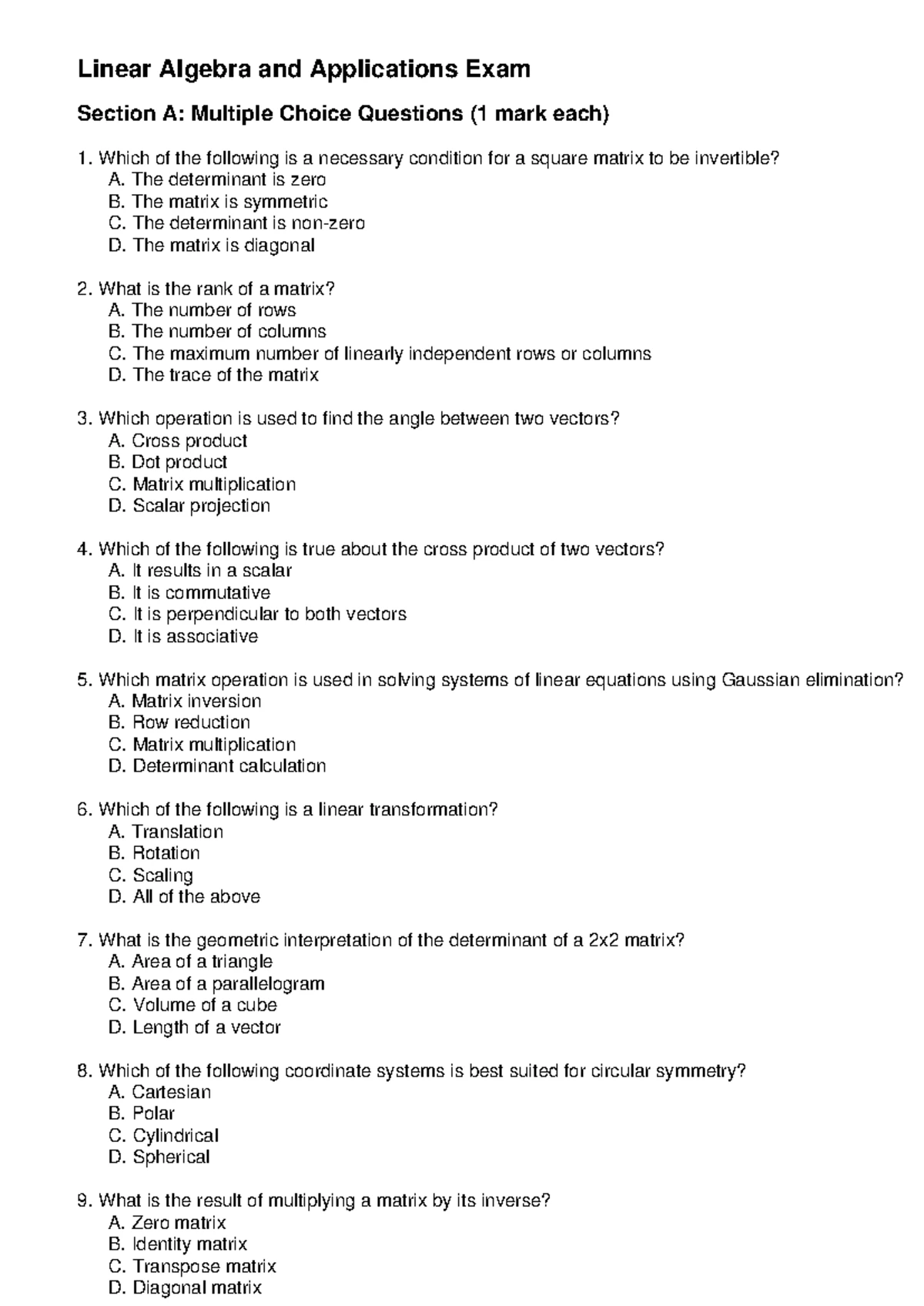 MTH10013 Final Exam Formulae for Linear Algebra and Applications 2024 ...