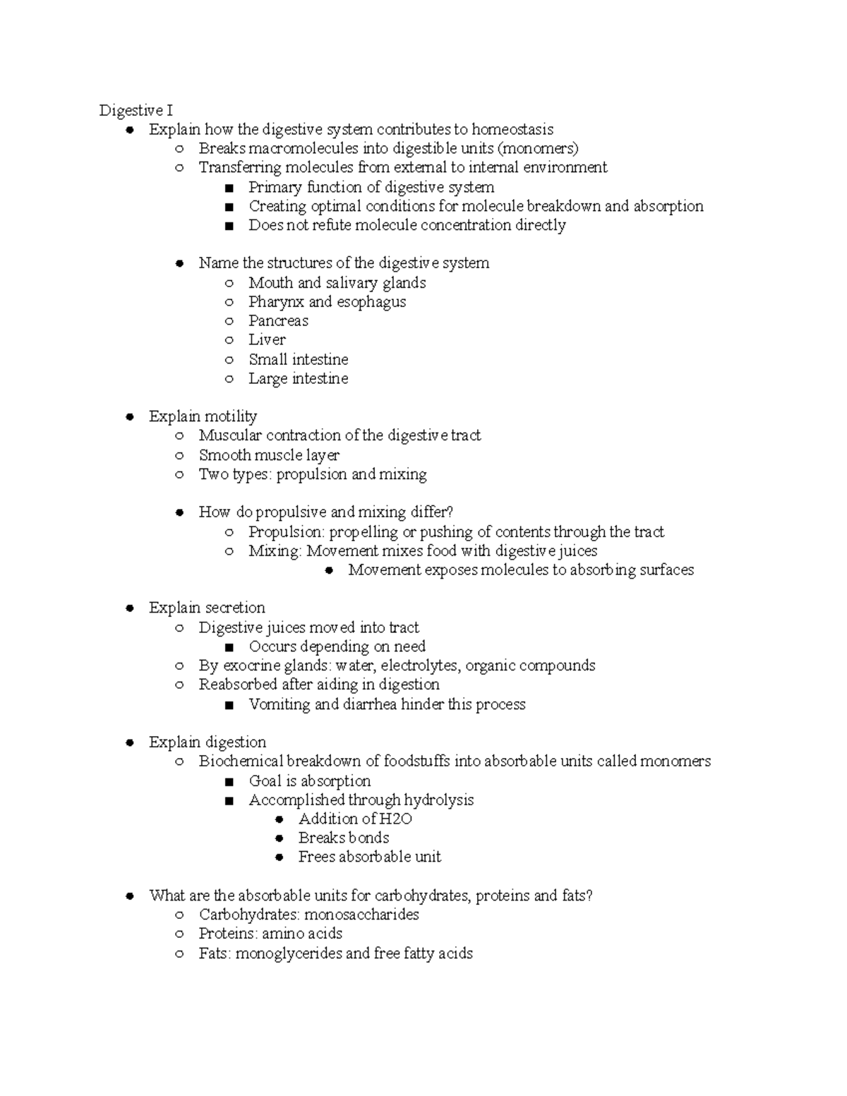 Learning Objectives - Coursework - Digestive I Explain how the ...