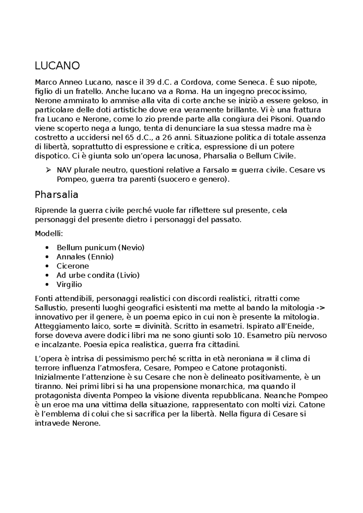 Analisi di Lucano e la sua Pharsalia: LUCANO 39 d.C. - Studocu
